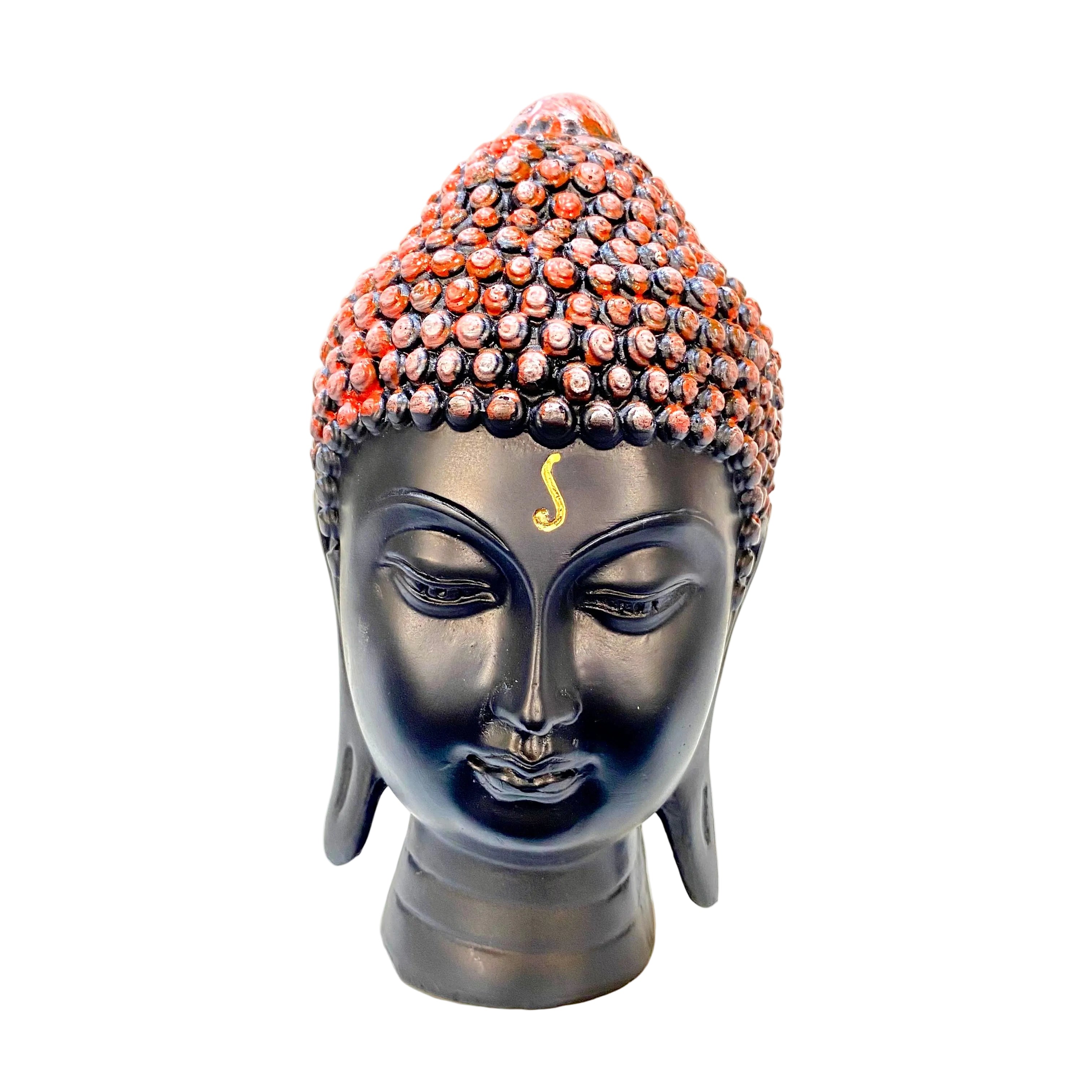 Black Buddha head statue with a red and gold headdress on a light background