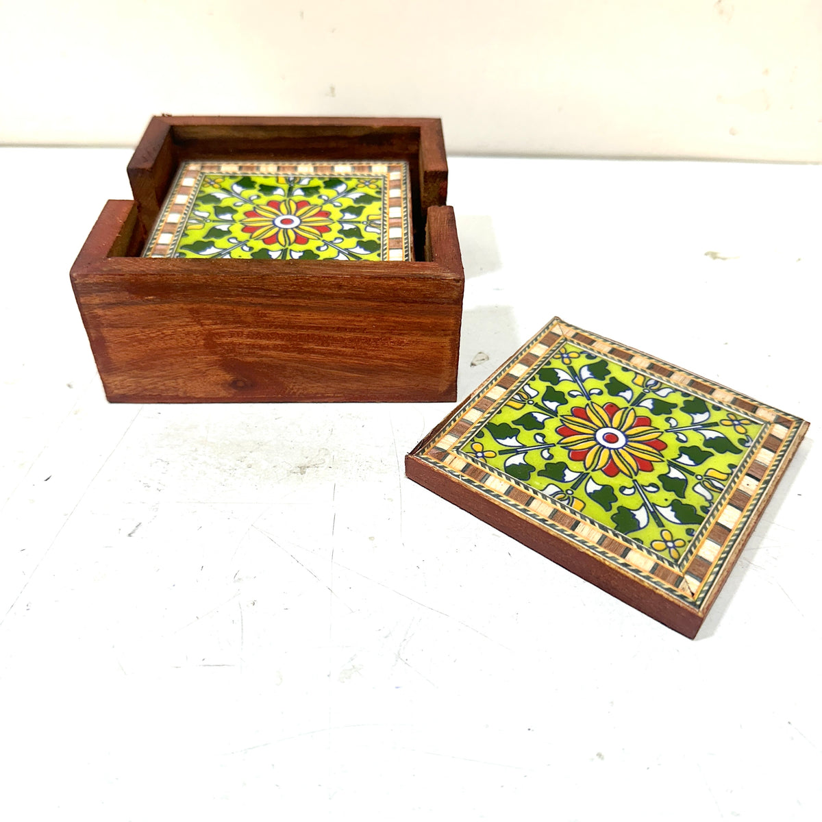 Blue Pottery Tile Fitted Tea Coaster Made With Wood Tableware Crafts By Tamrapatra - Tamrapatra