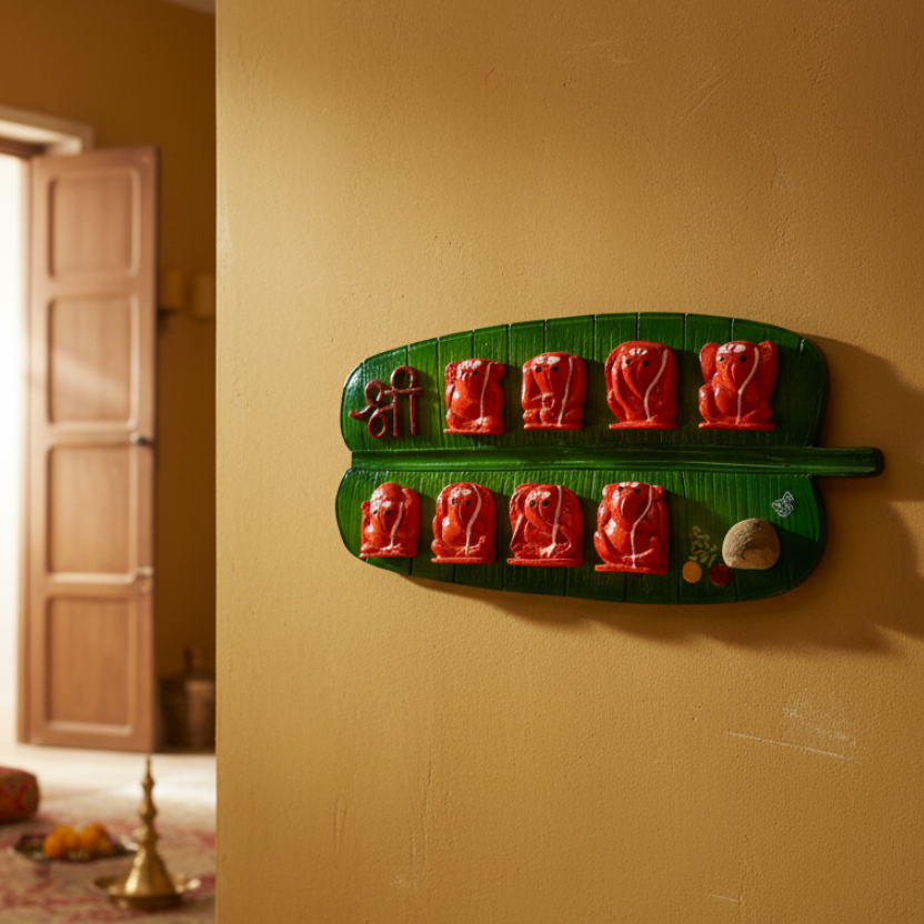 Decorative wall piece with red and green design on a beige wall.