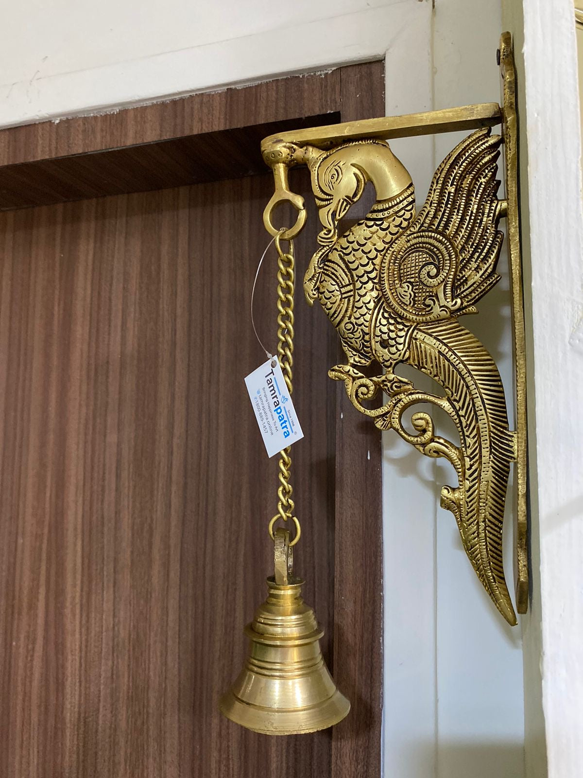 Brass Bell For Wall Hanging Door & Temple With Peacock & Ship's Helm By Tamrapatra