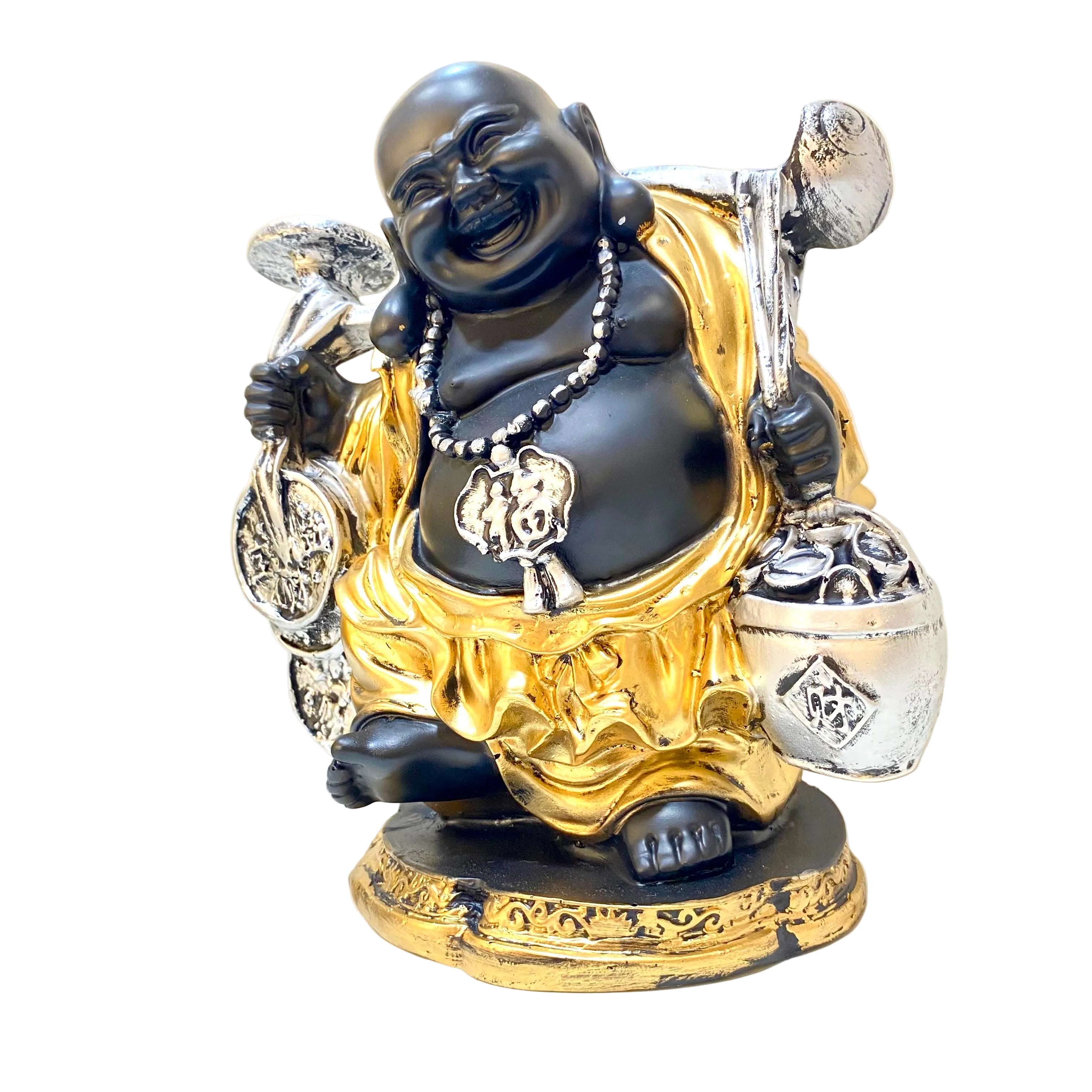 Decorative statue of a laughing Buddha with gold and black finish, holding coins.