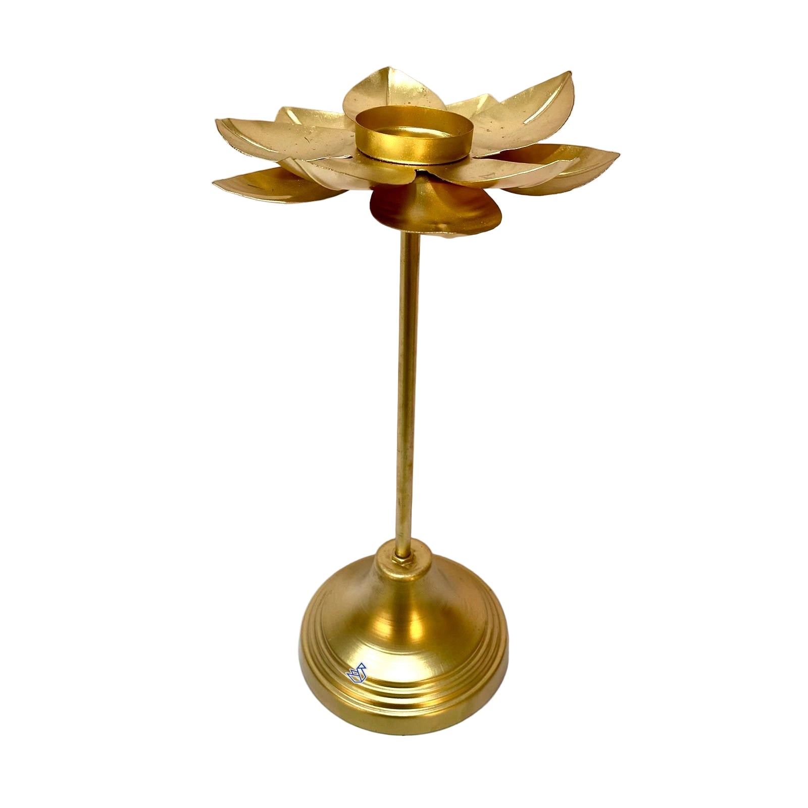 Brass lotus-shaped candle holder on a white background