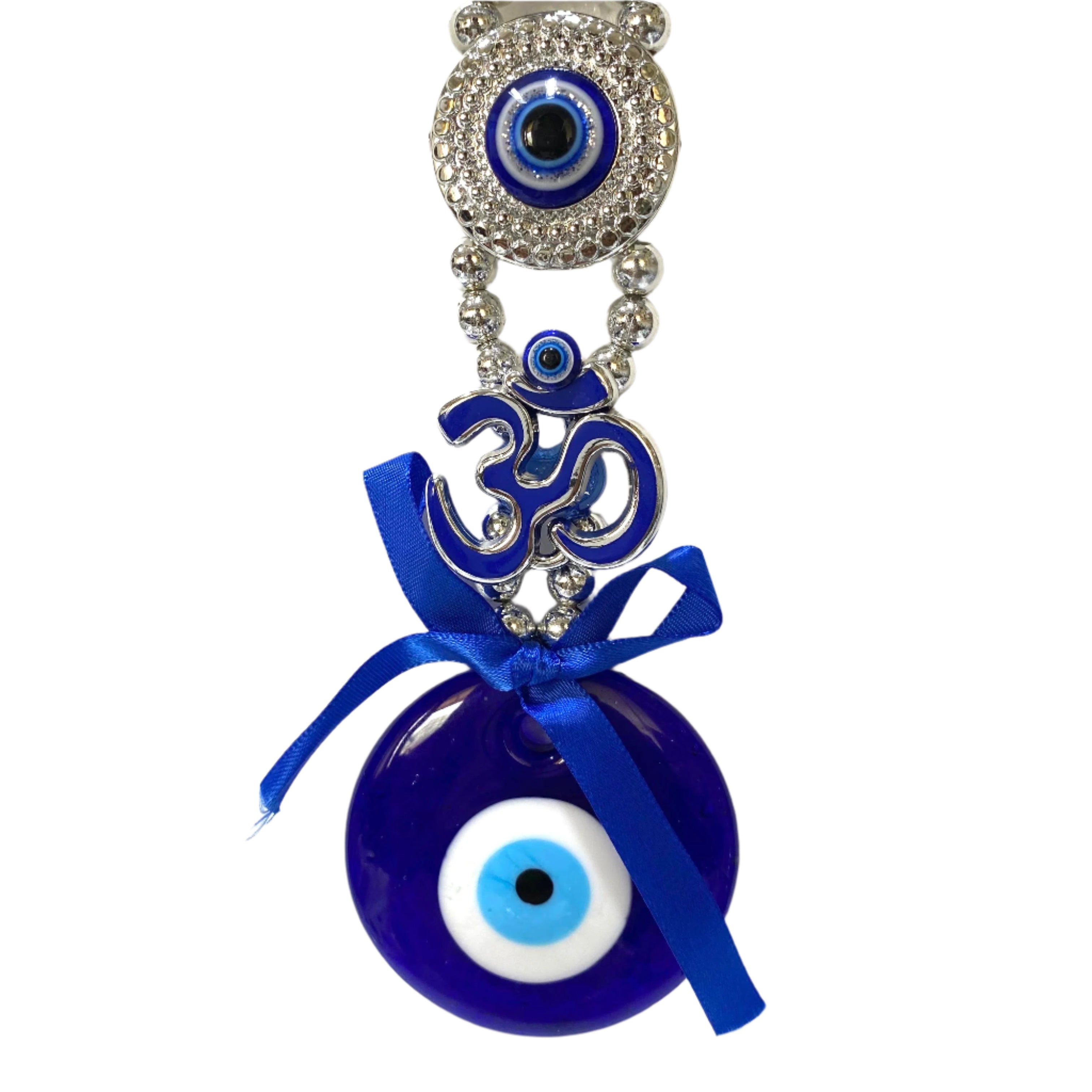 Decorative hanging charm with blue evil eye and Om symbol on a white background