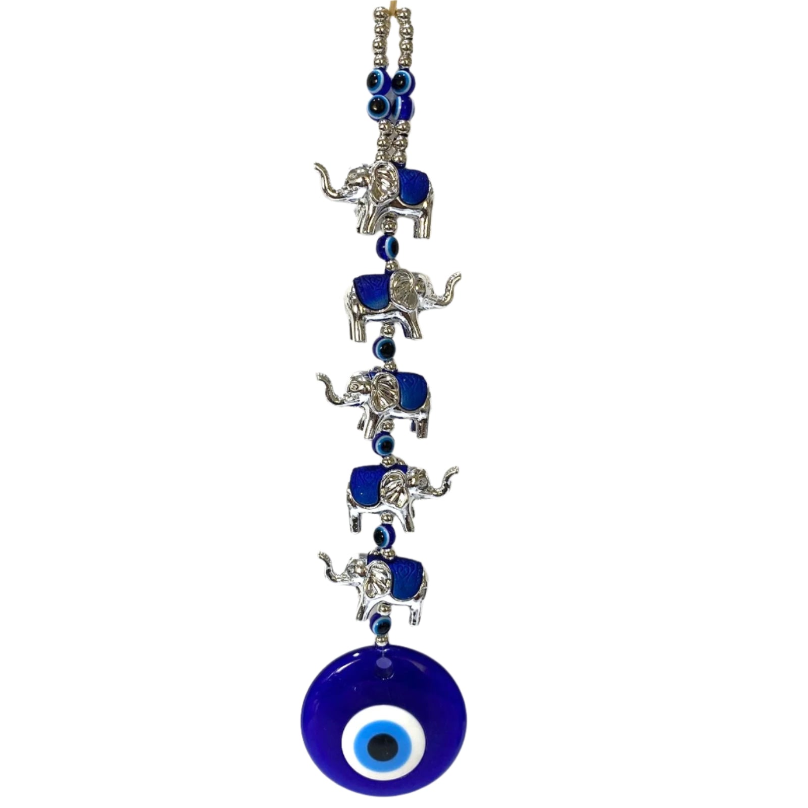 Necklace with blue evil eye beads and silver elephant charms on a white background