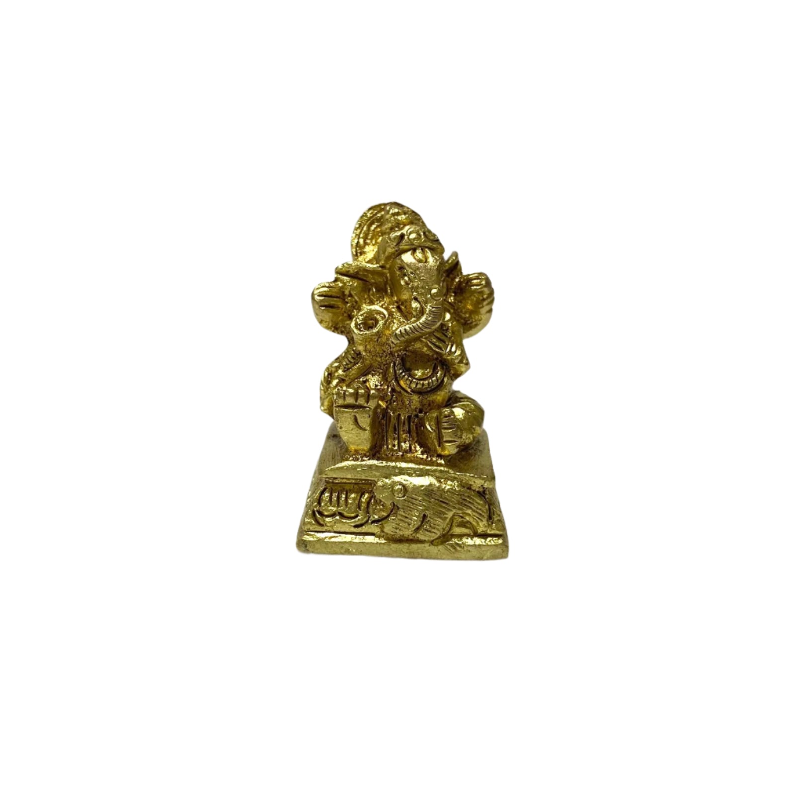 Gold-colored statue of a deity on a white background