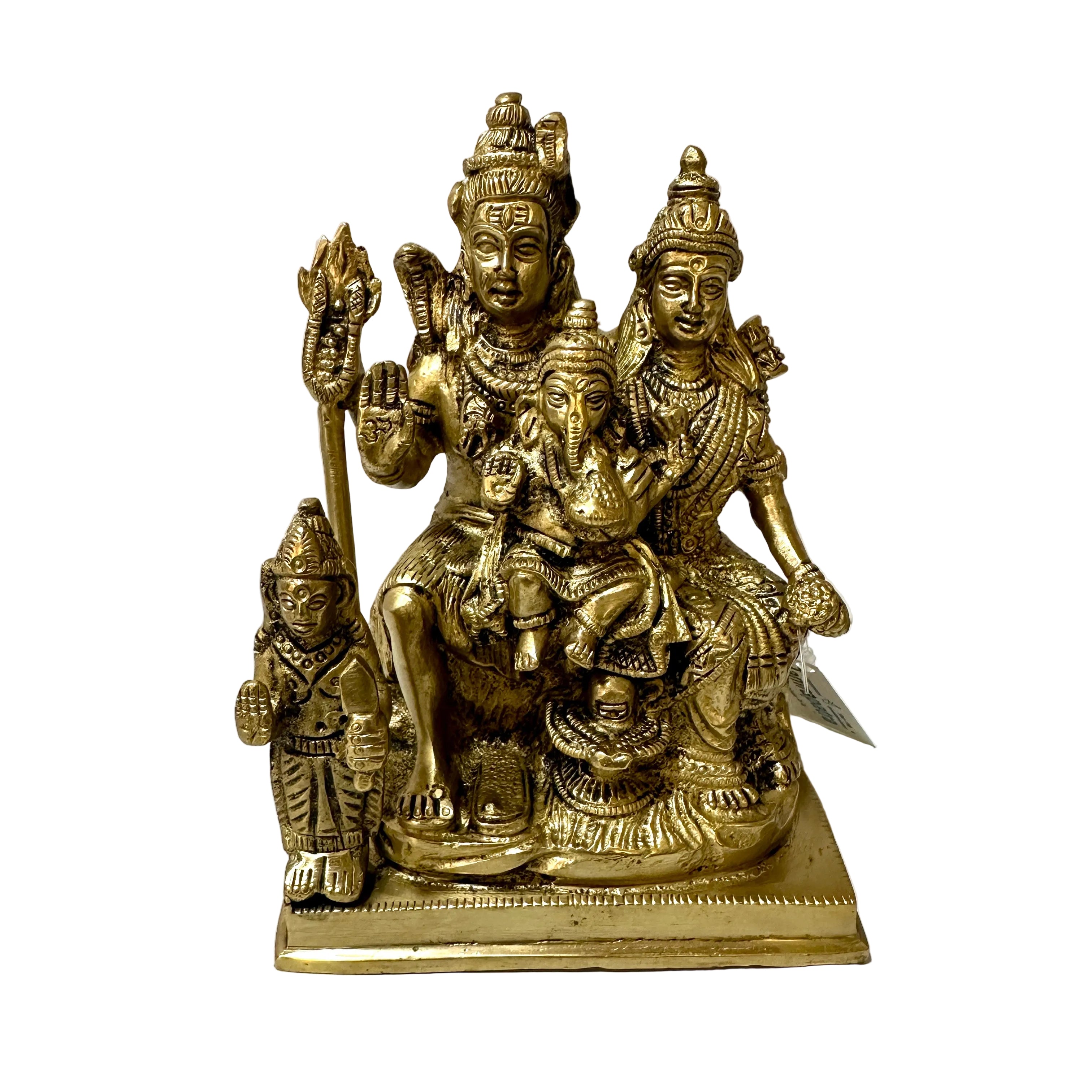 Bronze statue of three deities on a white surface