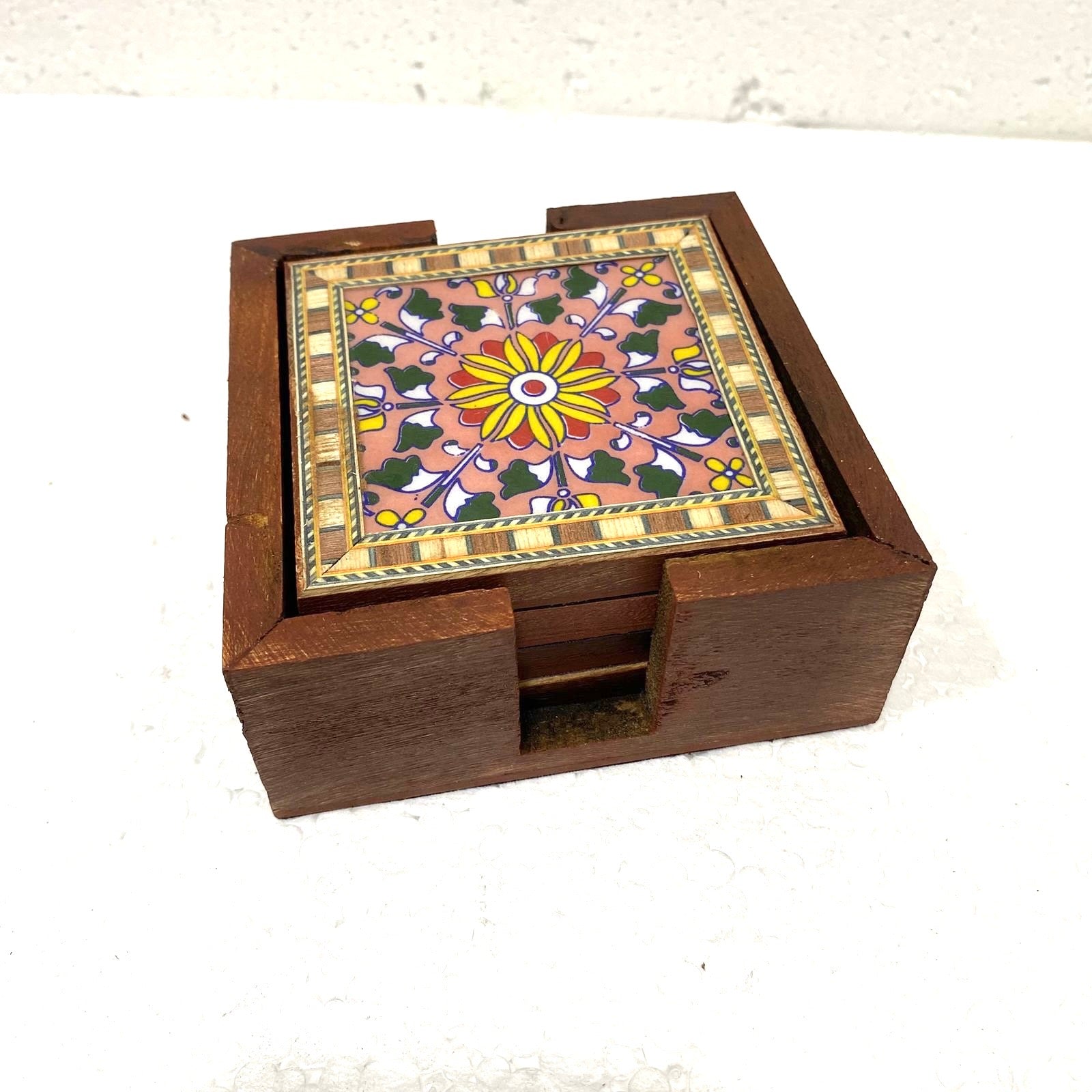 Blue Pottery Tile Fitted Tea Coaster Made With Wood Tableware Tamrapatra
