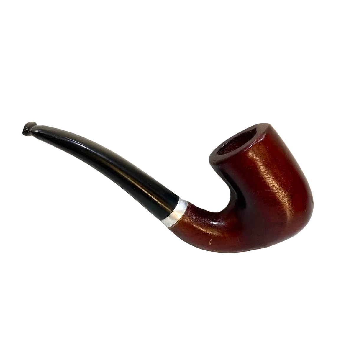 A classic smoking pipe with a glossy dark brown wooden bowl and a long, curved black stem, featuring a thin silver metal band near the base of the stem, set against a plain off-white background.