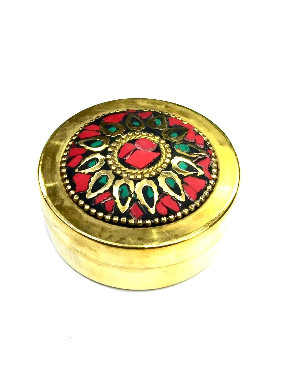 Brass Gemstone Art Dibbi For Storage Of Jewelry Gifting Handcrafted Tamrapatra