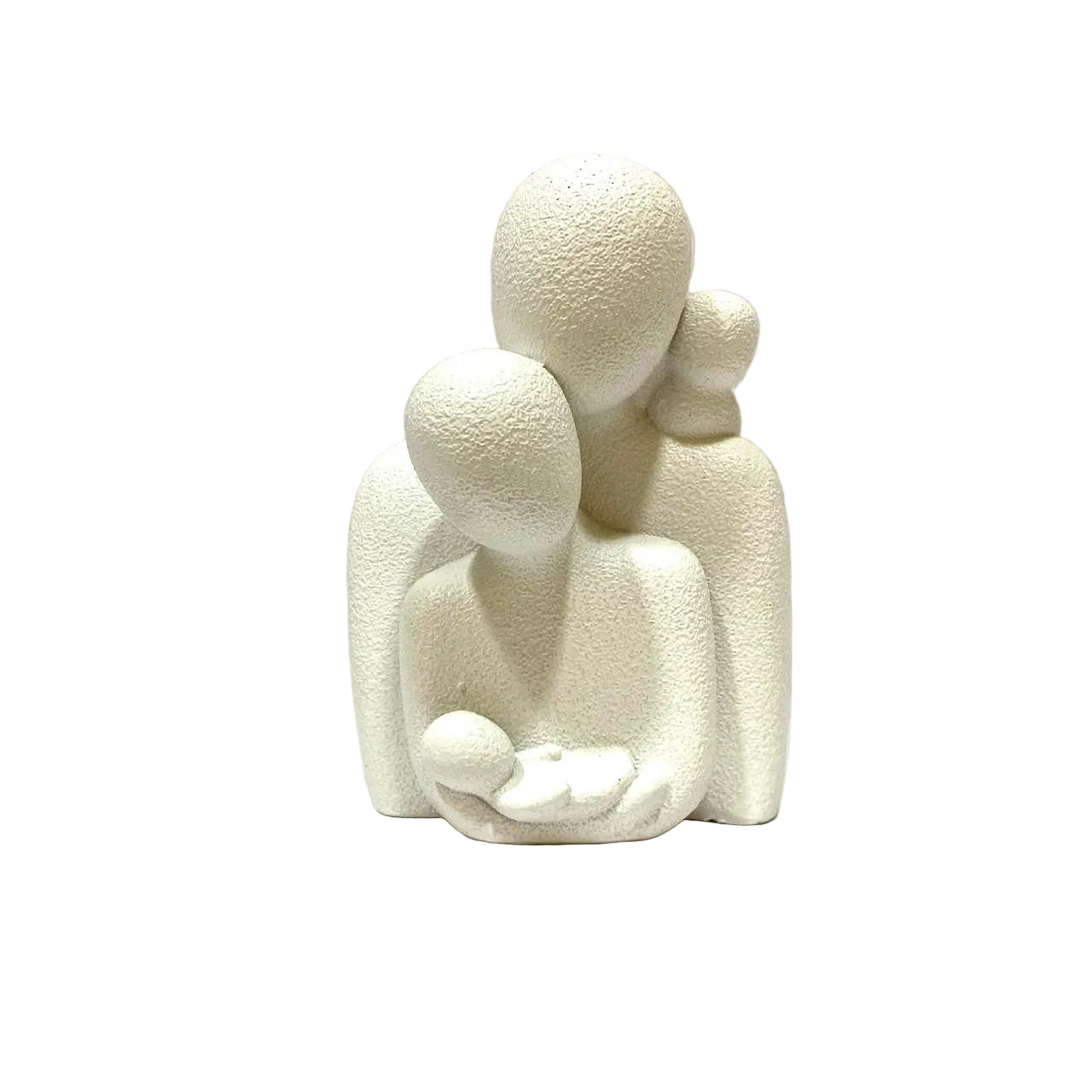 White ceramic sculpture of a family with a child on a light gray background