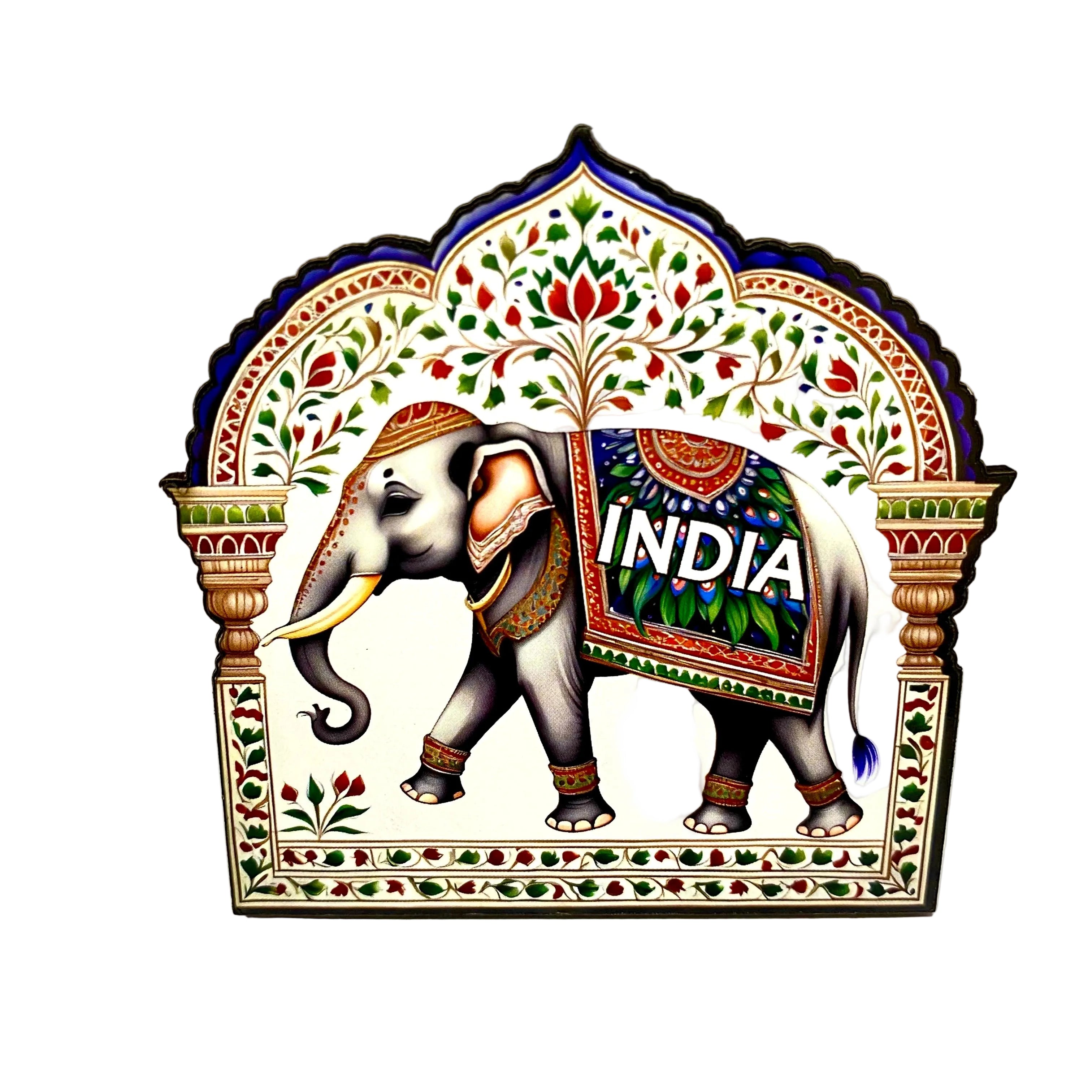 Decorative wall art with an elephant and 'India' text, framed by decorative arch and floral patterns.