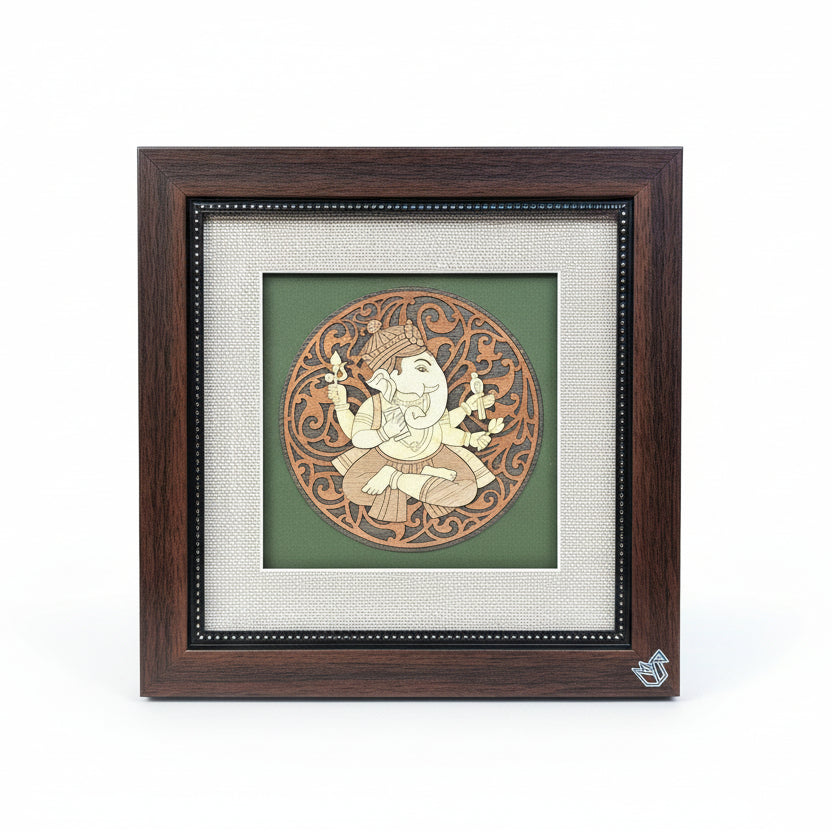 Framed artwork with a circular design on a textured red background