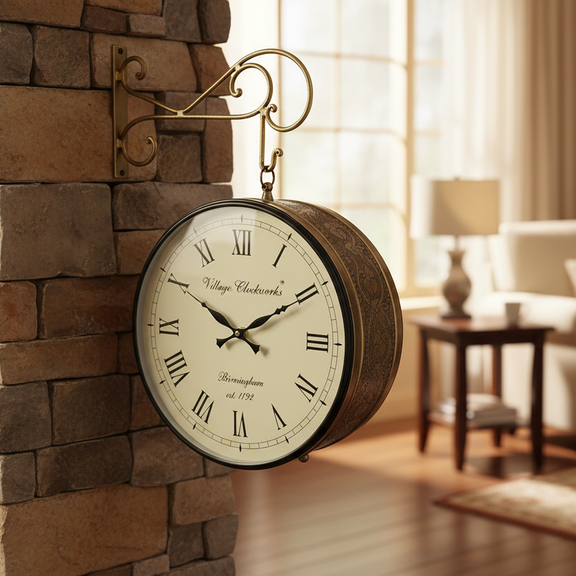 Classic Vintage Designed Hanging Clock On Both Sides 12 Inches By Tamrapatra - Tamrapatra