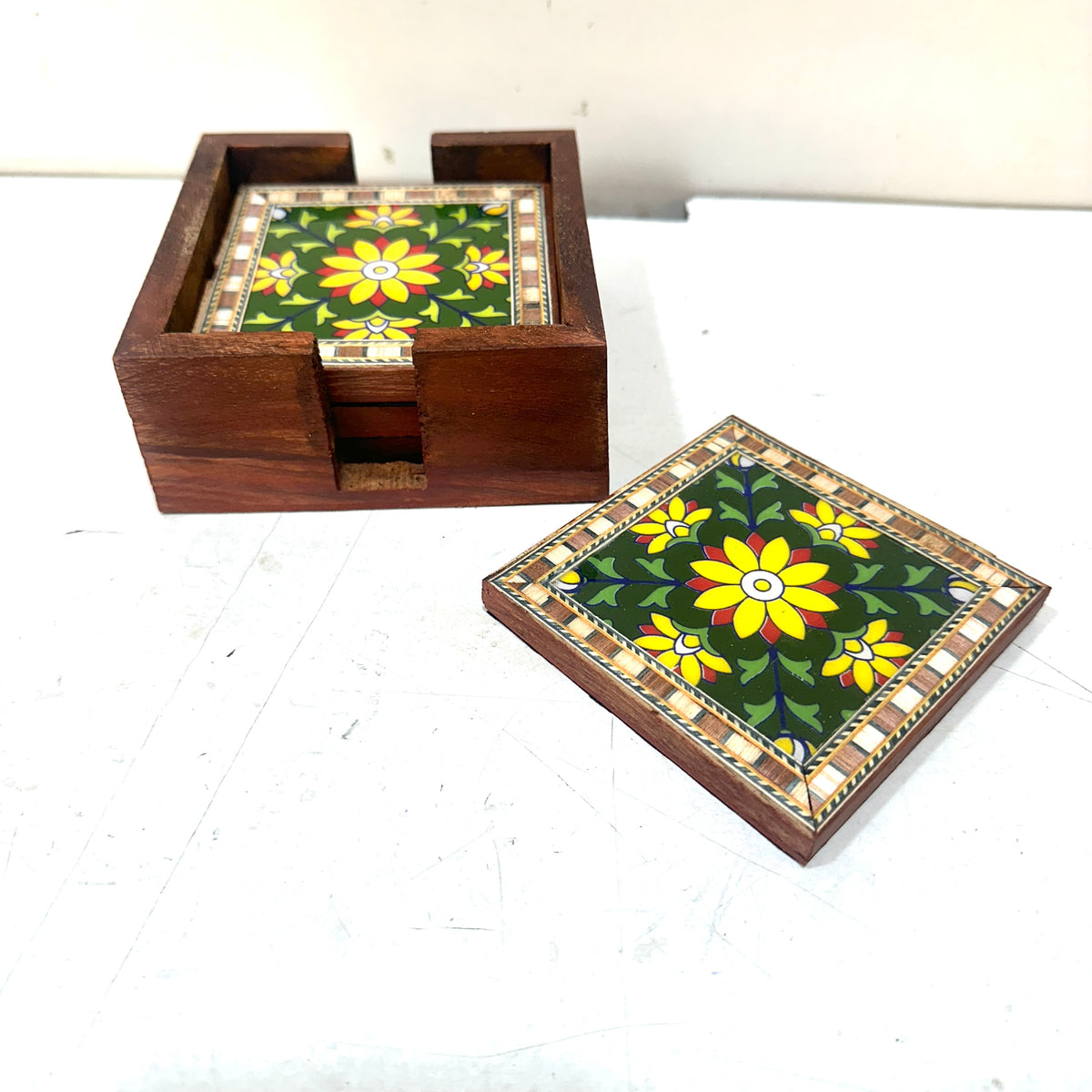 Blue Pottery Tile Fitted Tea Coaster Made With Wood Tableware Crafts By Tamrapatra - Tamrapatra