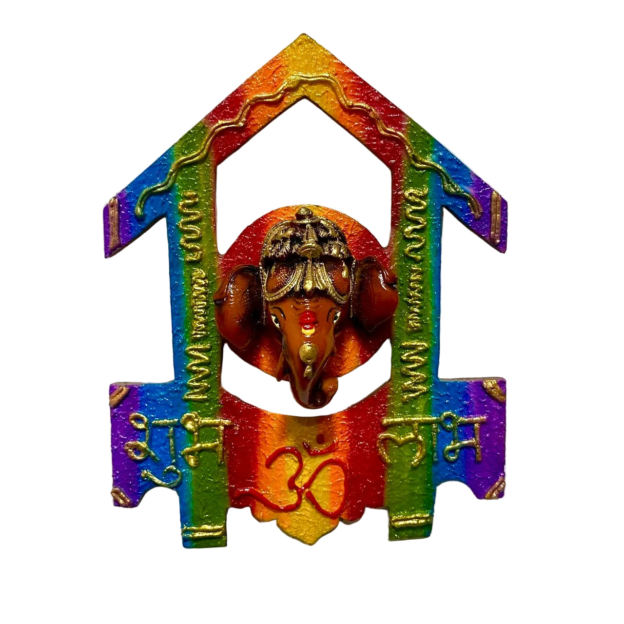 Colorful wall hanging with a deity figure on a textured white background