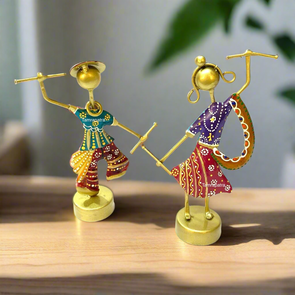 Gujarat Style Folk Dancers Set Metal Classic Display Showpiece Tamrapatra