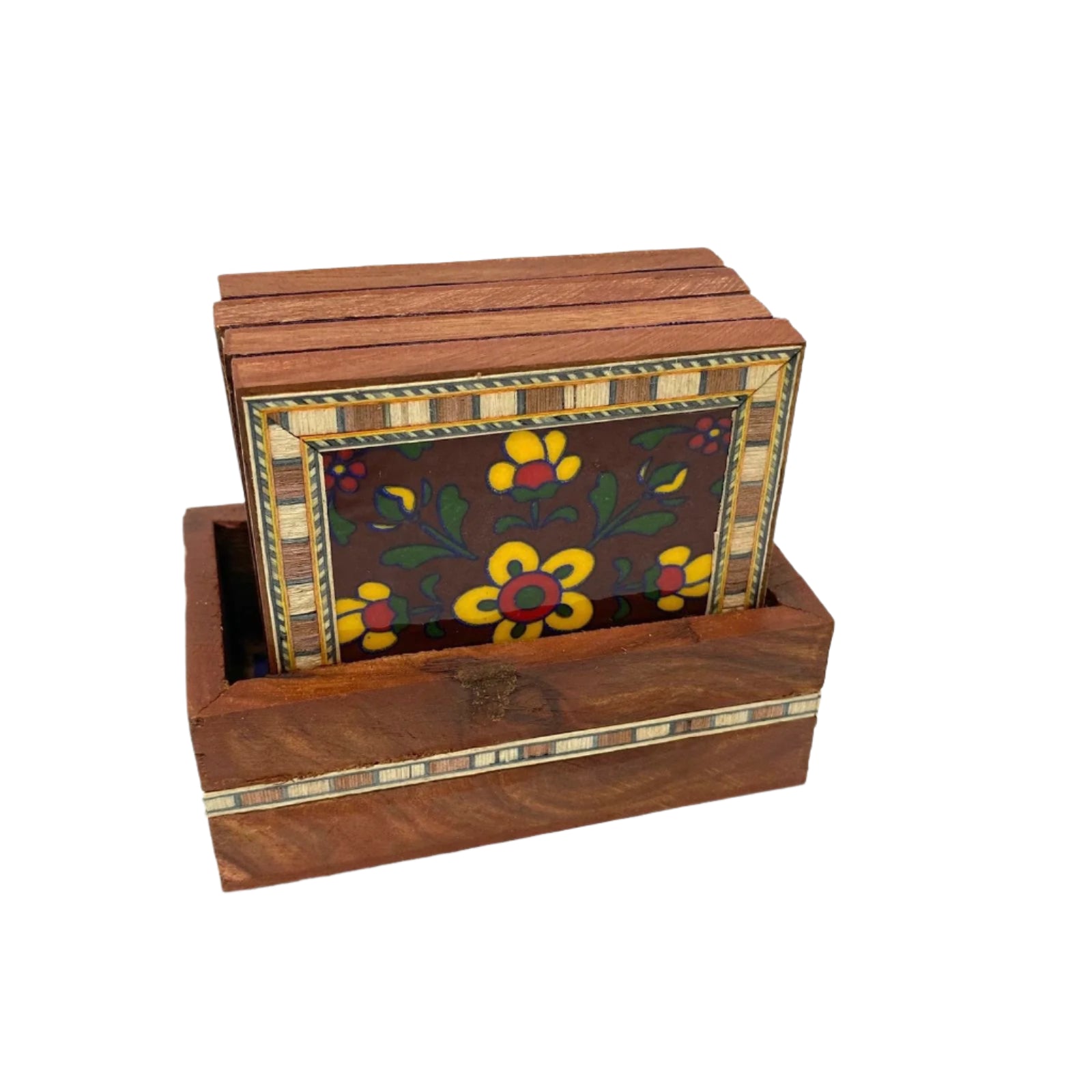 Wooden box with floral mosaic design on a white background