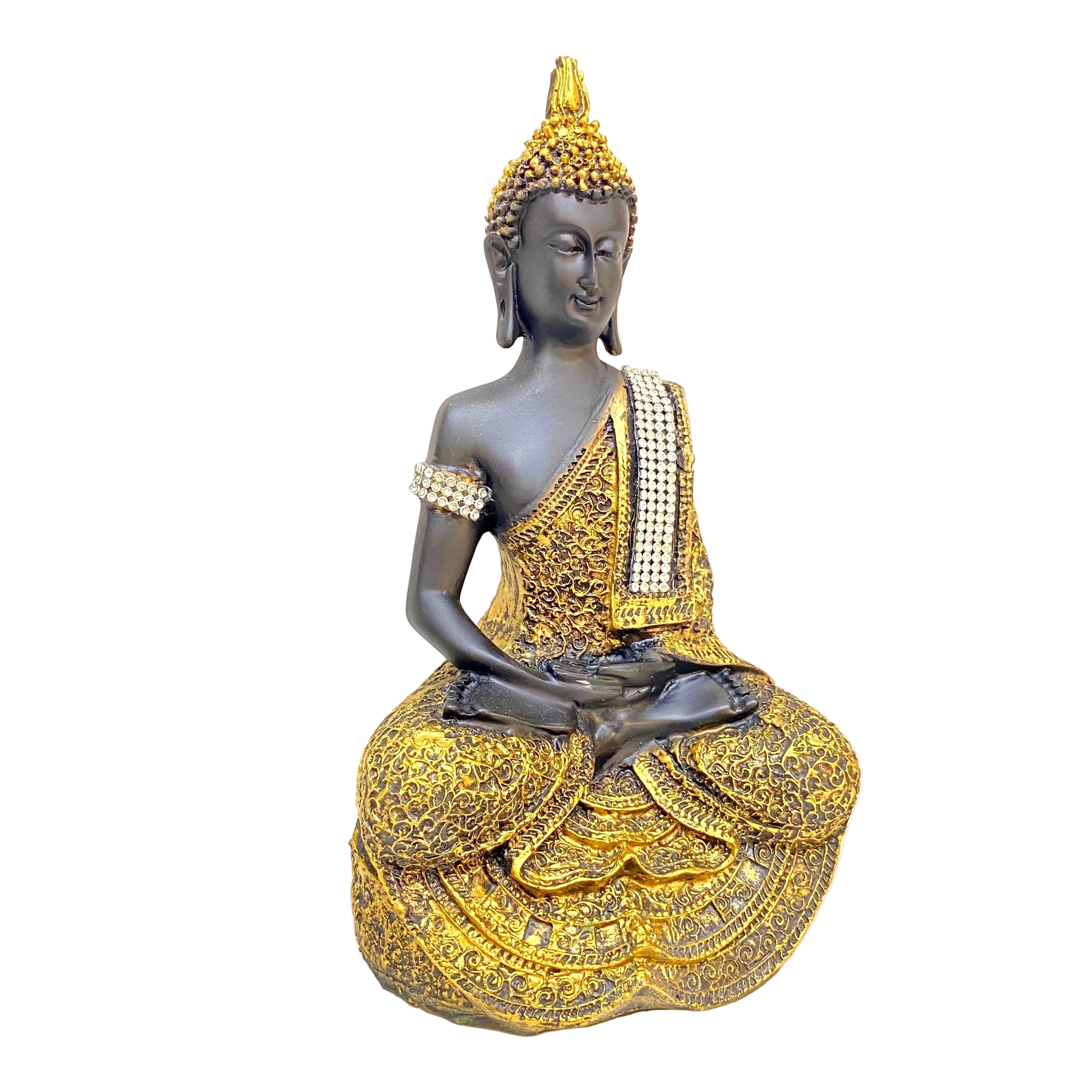 Statue of a seated figure in traditional attire with gold and black colors on a white background