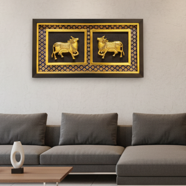 Brass Cow Enclosed In Beautiful Frame Exclusive Crafts Collectible By Tamrapatra