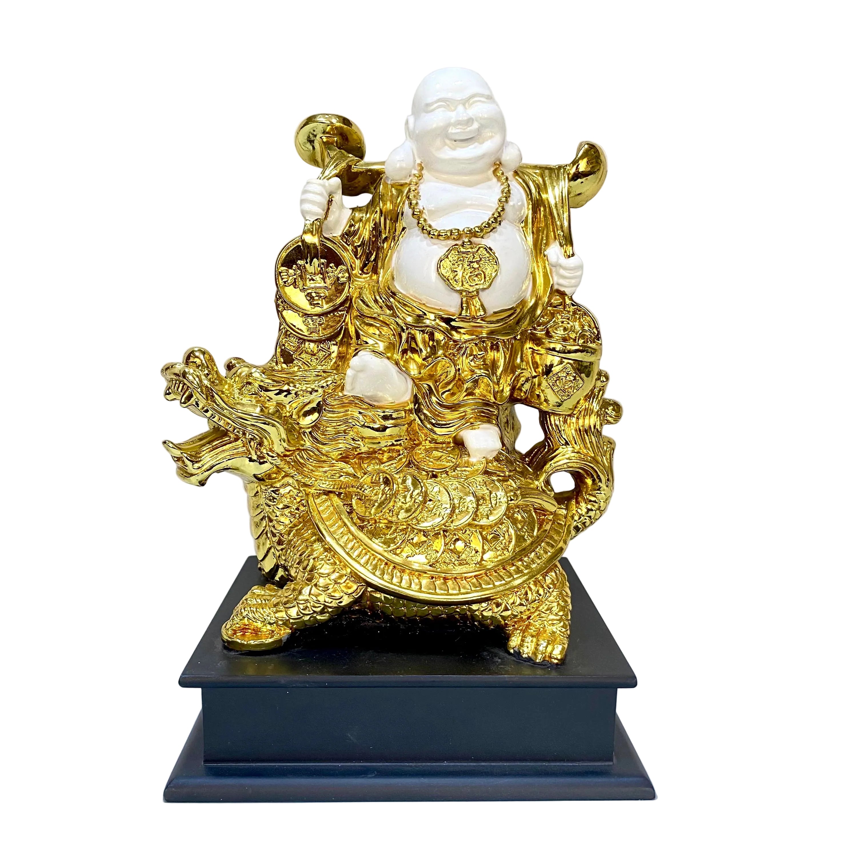 Statue of a seated figure on a dragon with gold and white colors against a white background.