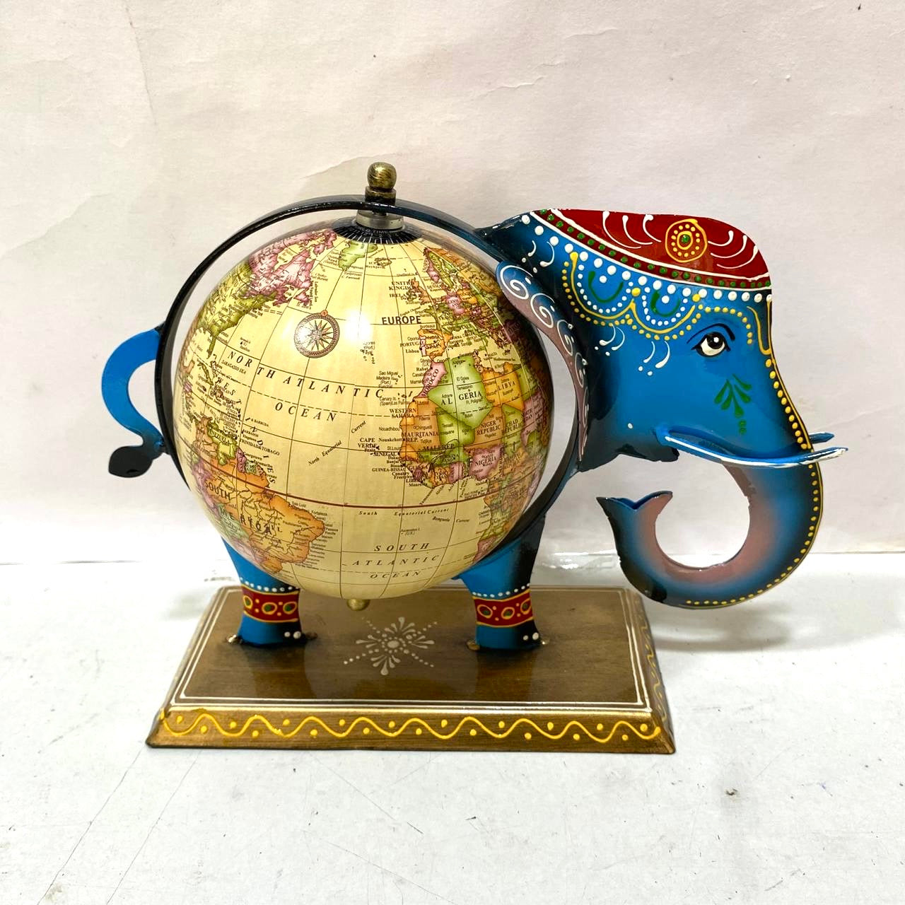 World Map Globe On Metal Elephant Decorative Utility Desk By Tamrapatra - Tamrapatra
