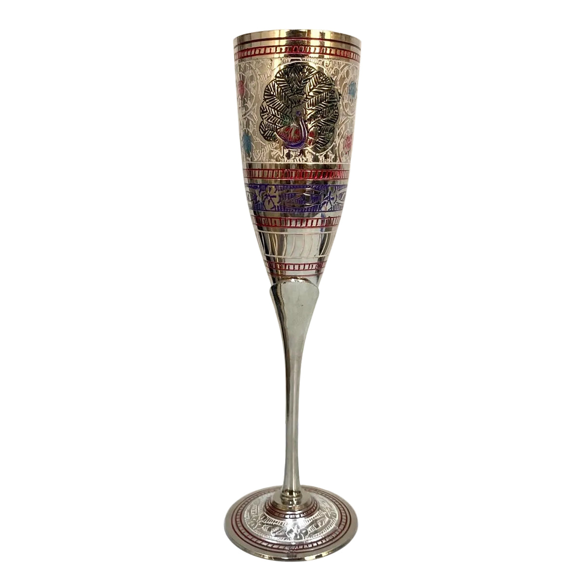 Sky Blue & Black  On Brass Engraved Wine Glass Royal Artware By Tamrapatra