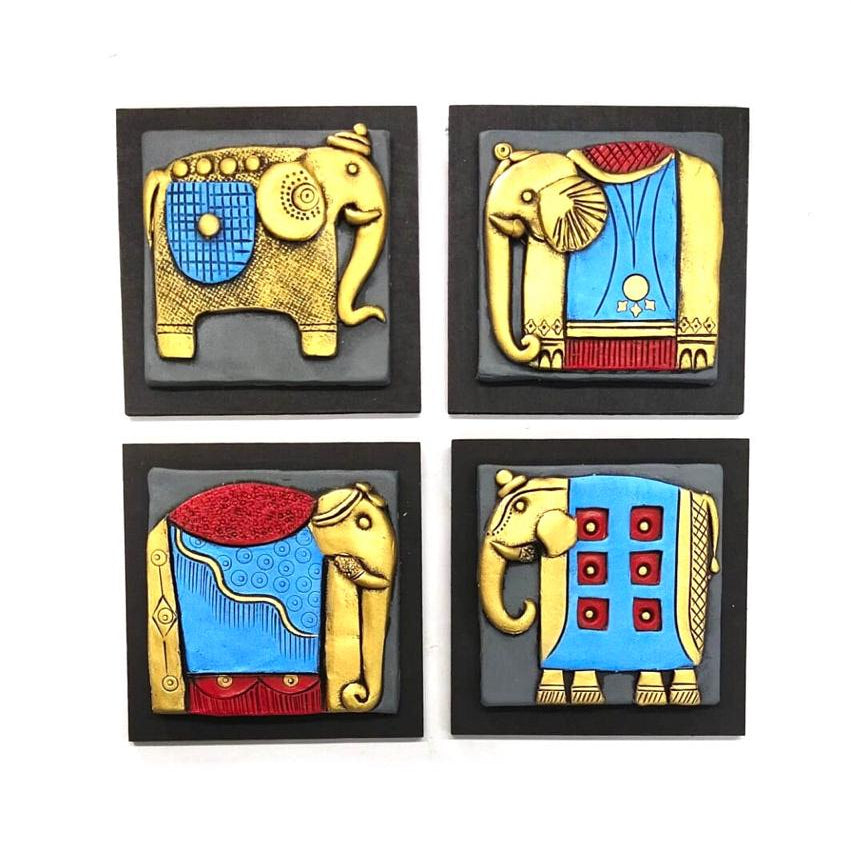 Royal Elephant Handcrafted Terracotta With MDF Set Of 4 Décor By Tamrapatra - Tamrapatra