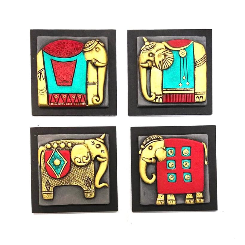 Royal Elephant Handcrafted Terracotta With MDF Set Of 4 Décor By Tamrapatra - Tamrapatra