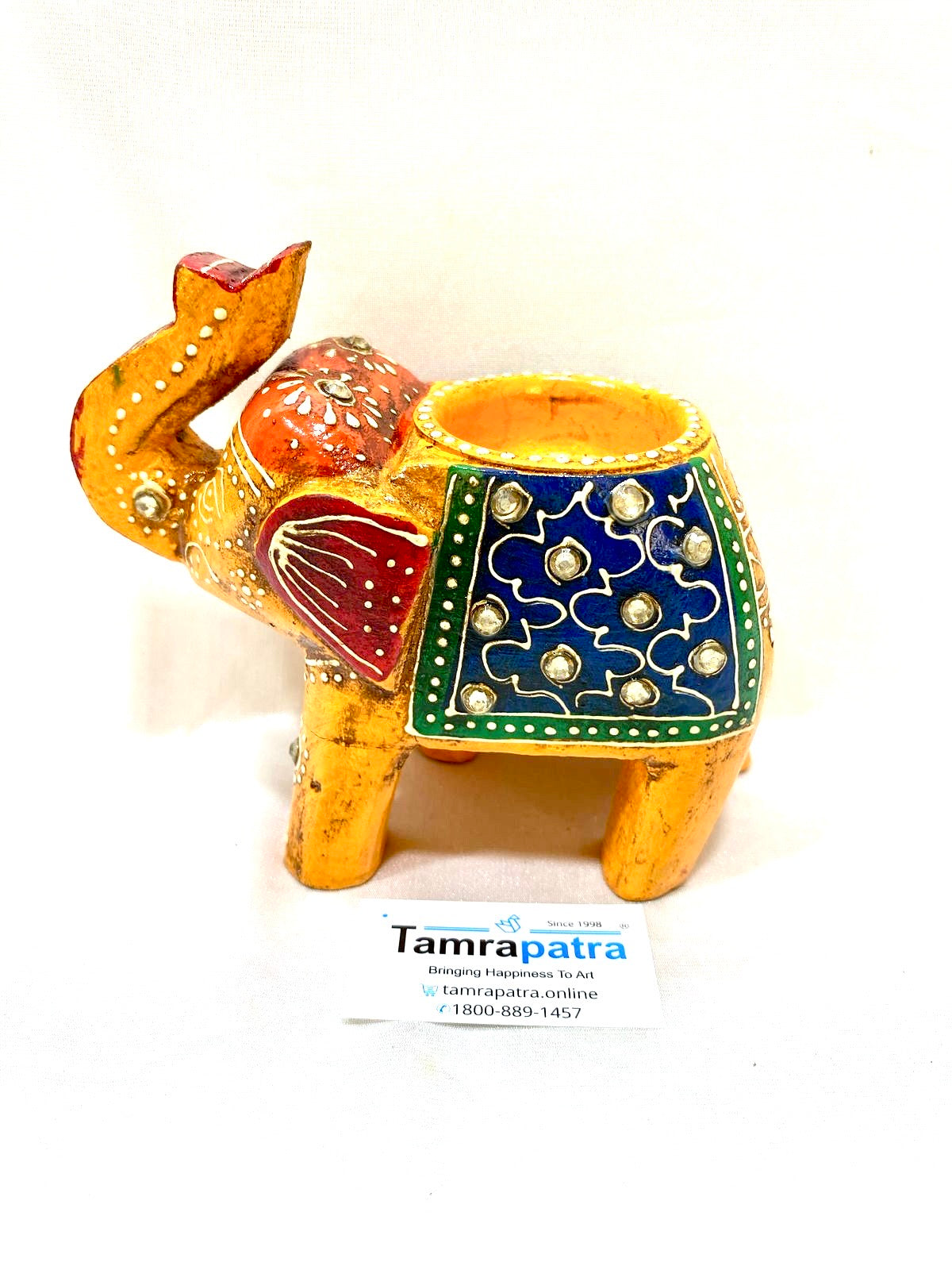 Elephant Tea Light Holder Hand Painted & Carved Wood Collection By Tamrapatra