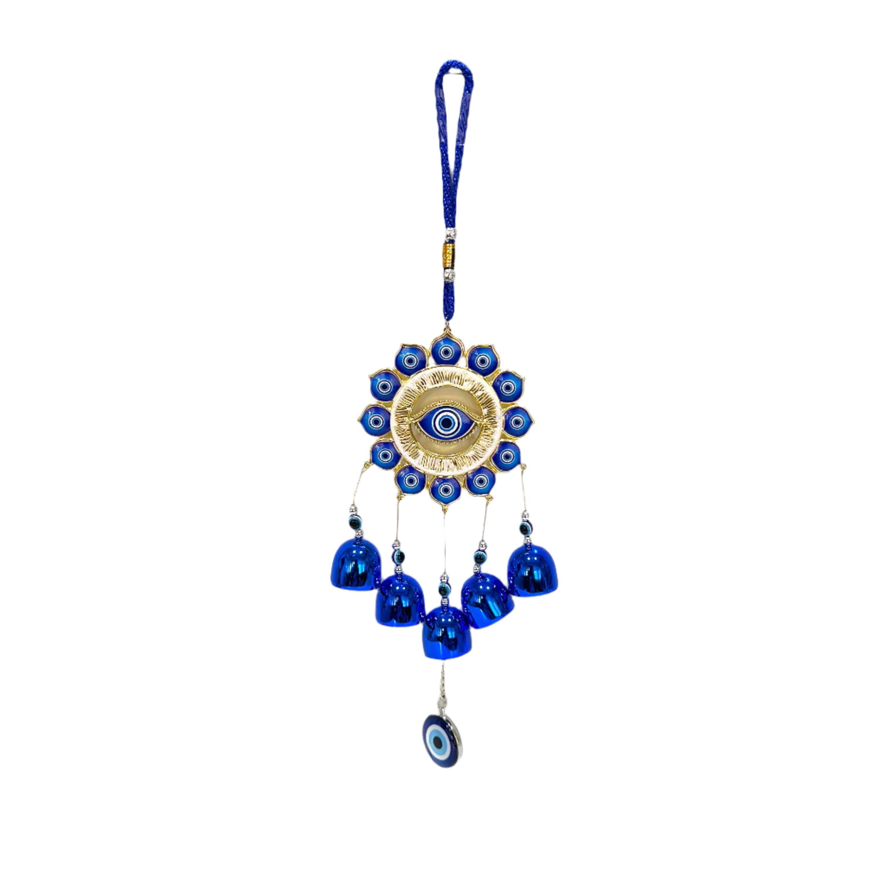 Decorative evil eye hanging with blue beads on a white background