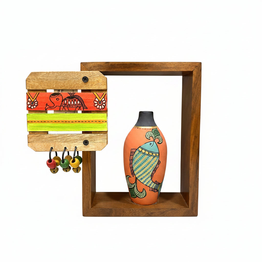Wall Shelf With Elephant Hand Panting And Beads Hanging With Pot By Tamrapatra - Tamrapatra