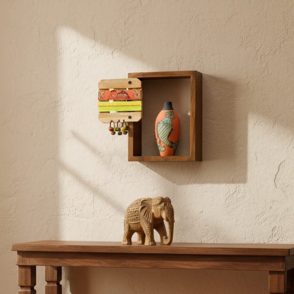 Wall Shelf With Elephant Hand Panting And Beads Hanging With Pot By Tamrapatra - Tamrapatra