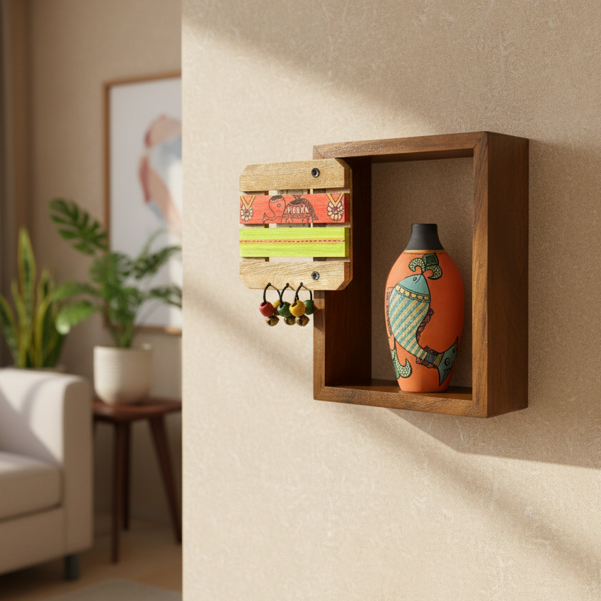 Wall Shelf With Elephant Hand Panting And Beads Hanging With Pot By Tamrapatra - Tamrapatra