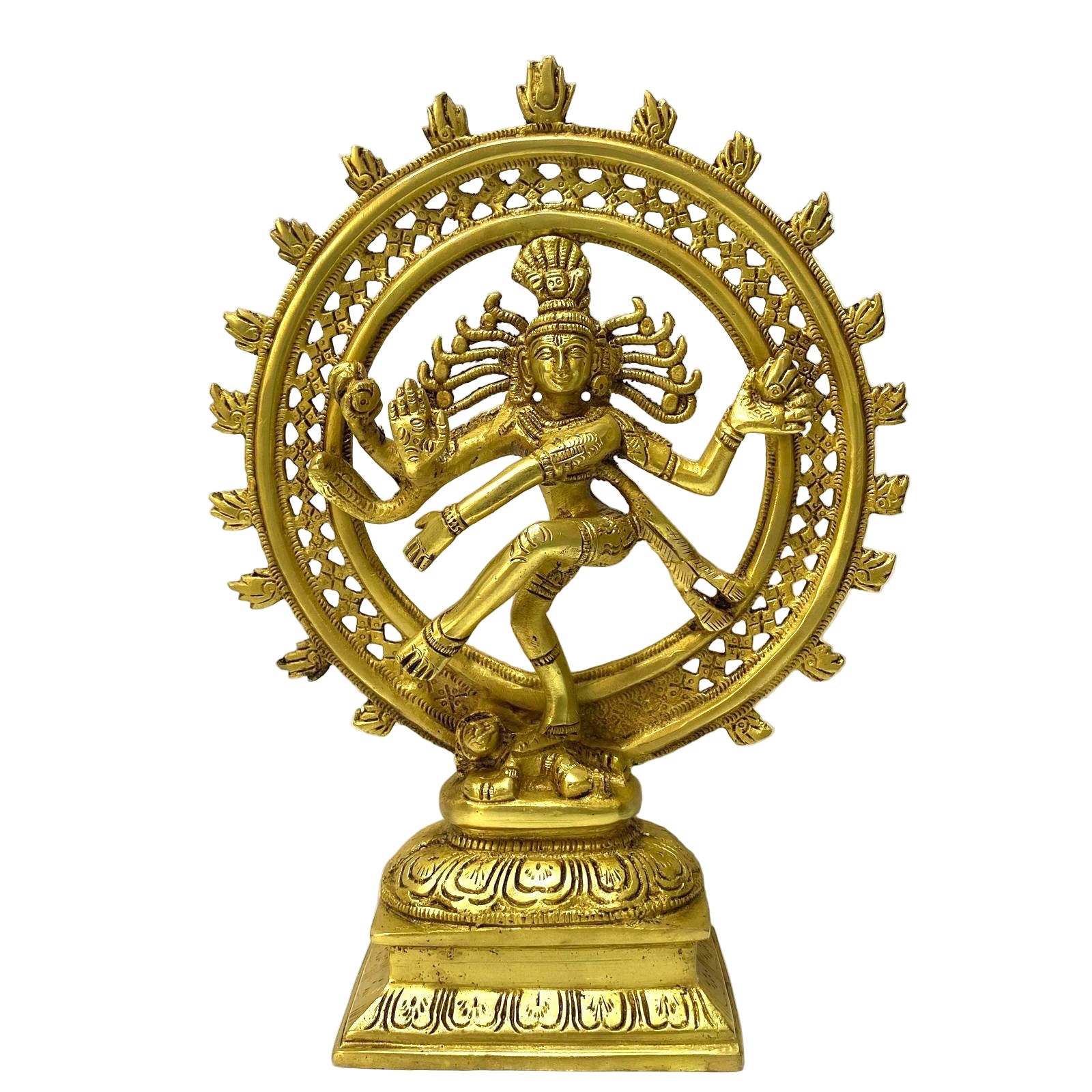 Gold-colored statue of a dancing figure with a circular design on a white background