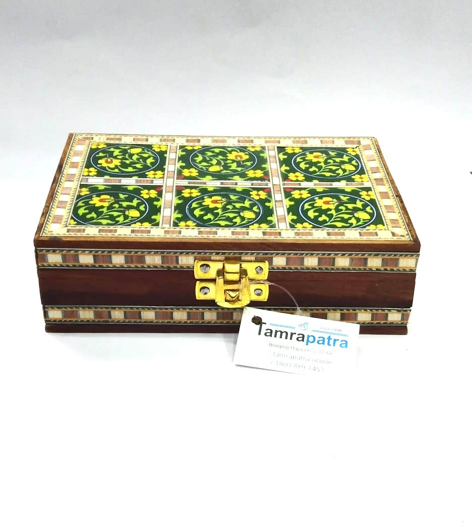 Blue Pottery Wooden Box With Lock Handcrafted Decoration Gifts By Tamrapatra