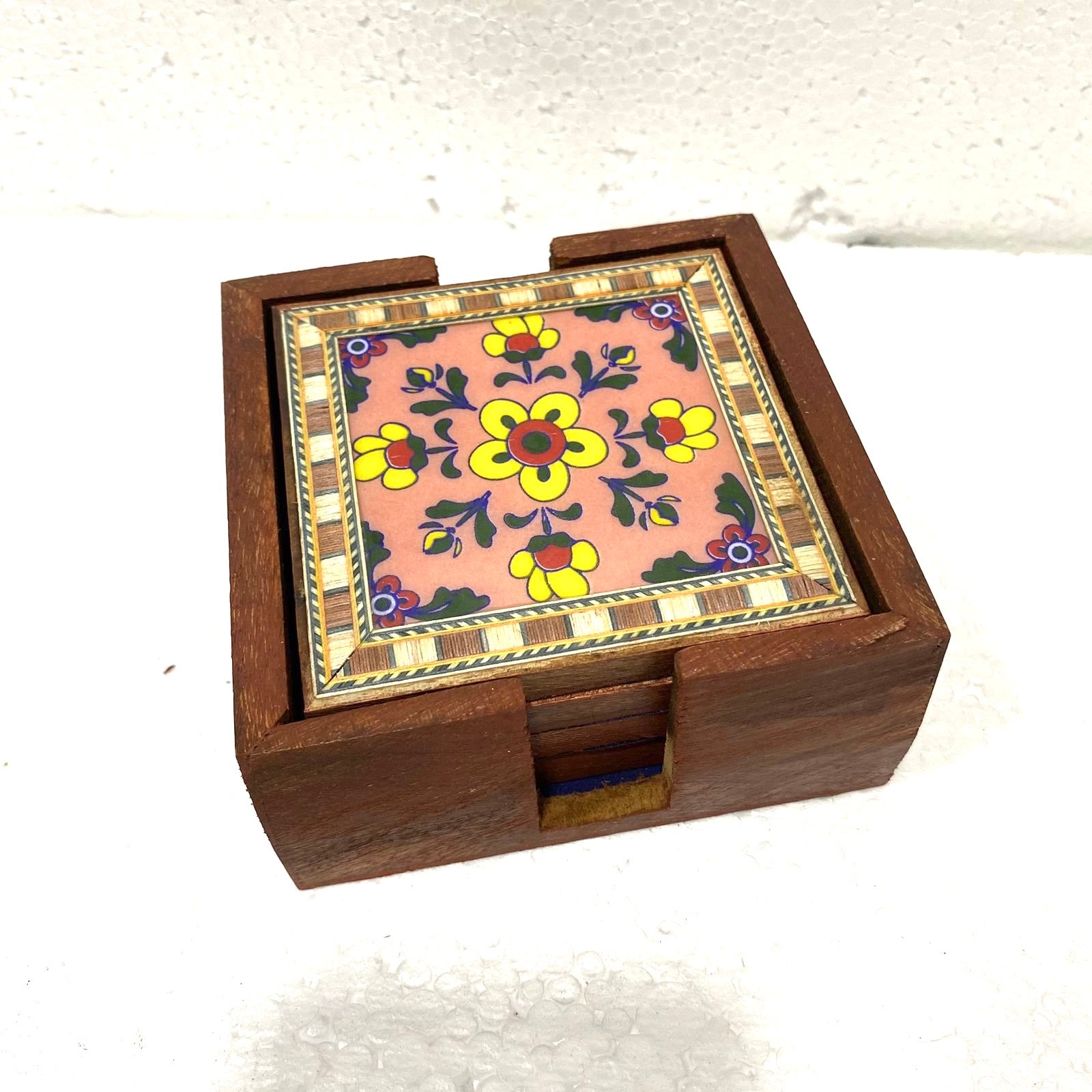 Blue Pottery Tile Fitted Tea Coaster Made With Wood Tableware Tamrapatra