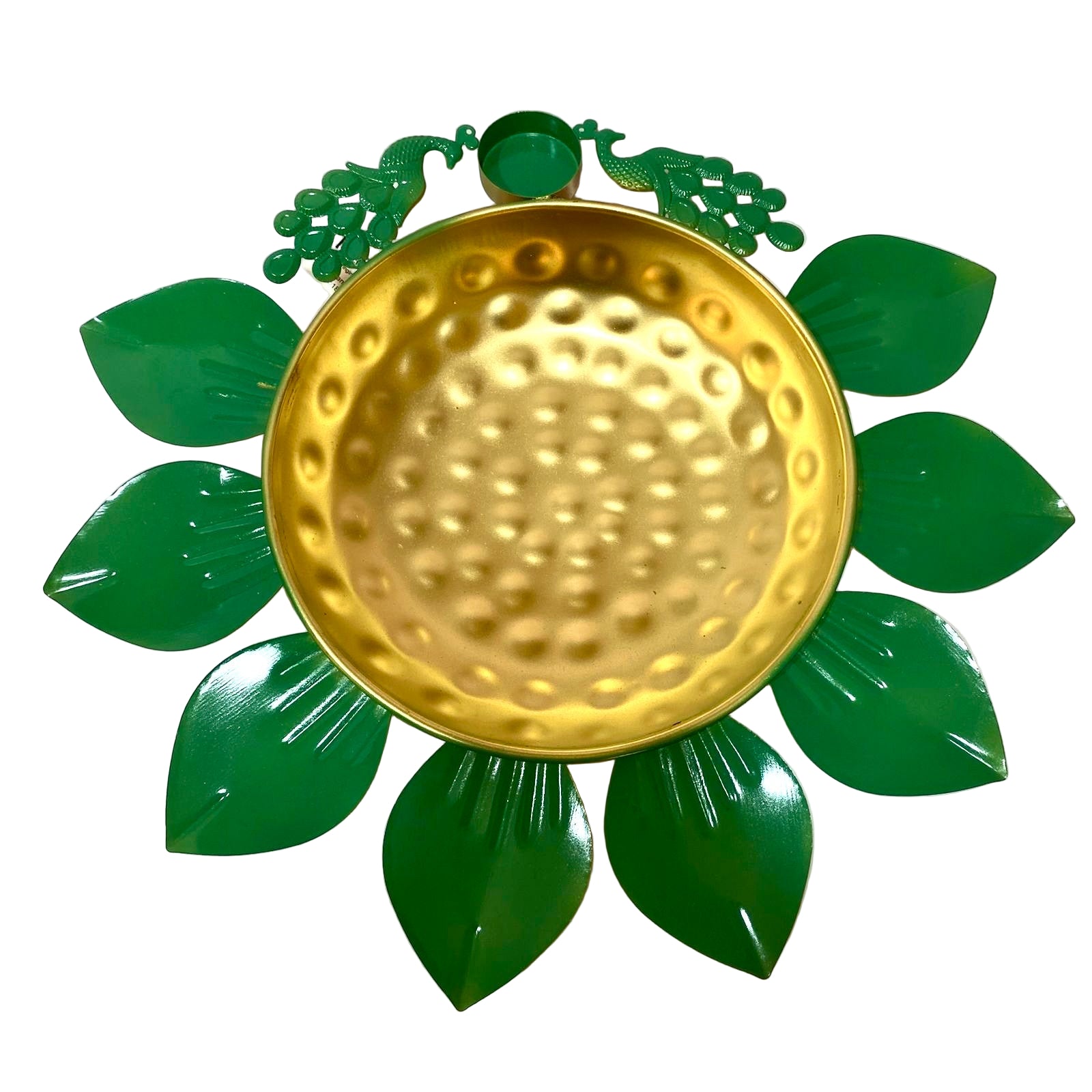 Decorative wall art with a gold center and green leaves on a white background