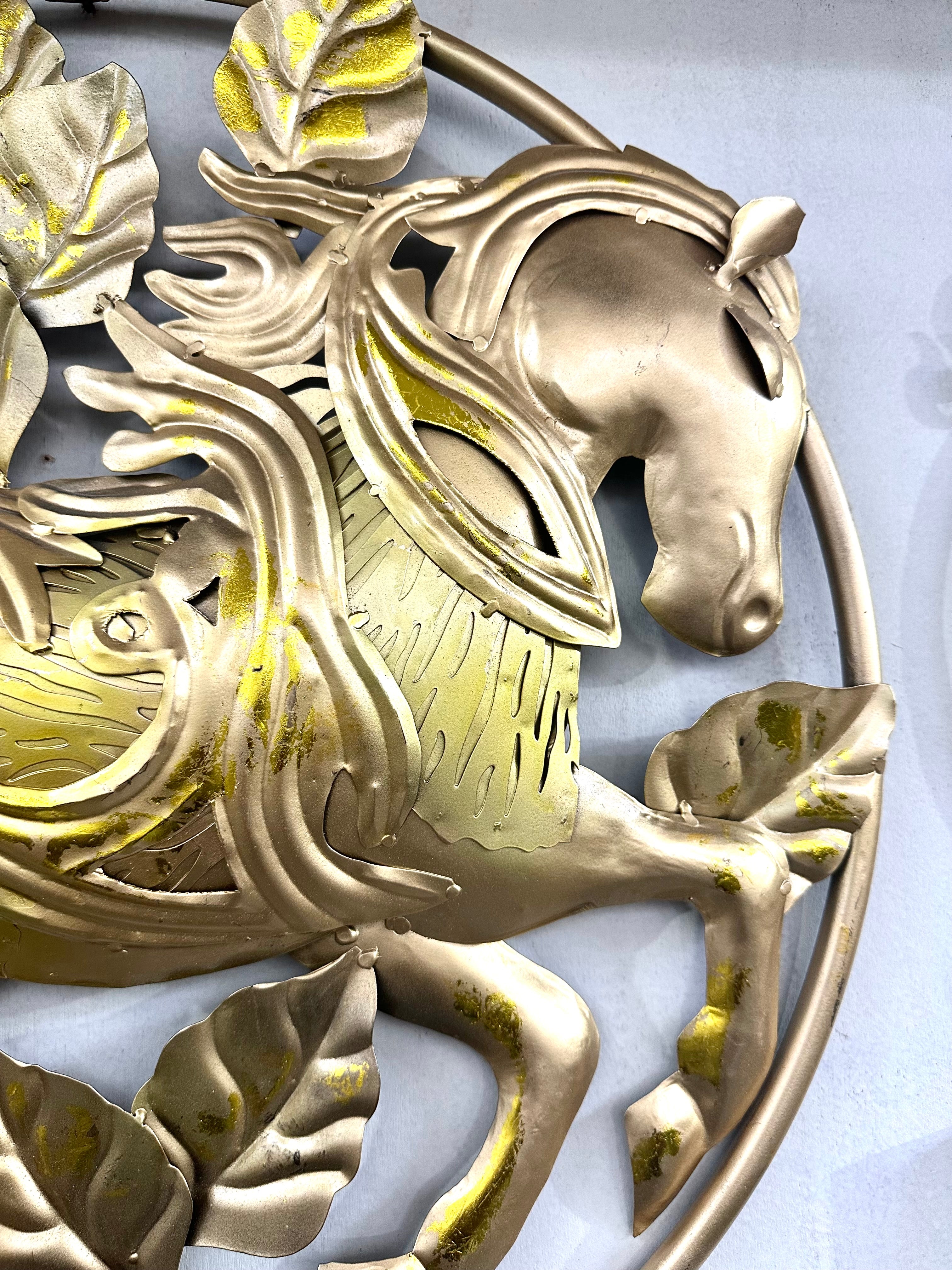 Elegant Horse In Ring Wall Art Gold Painted With LED By Skilled Artisans Tamrapatra