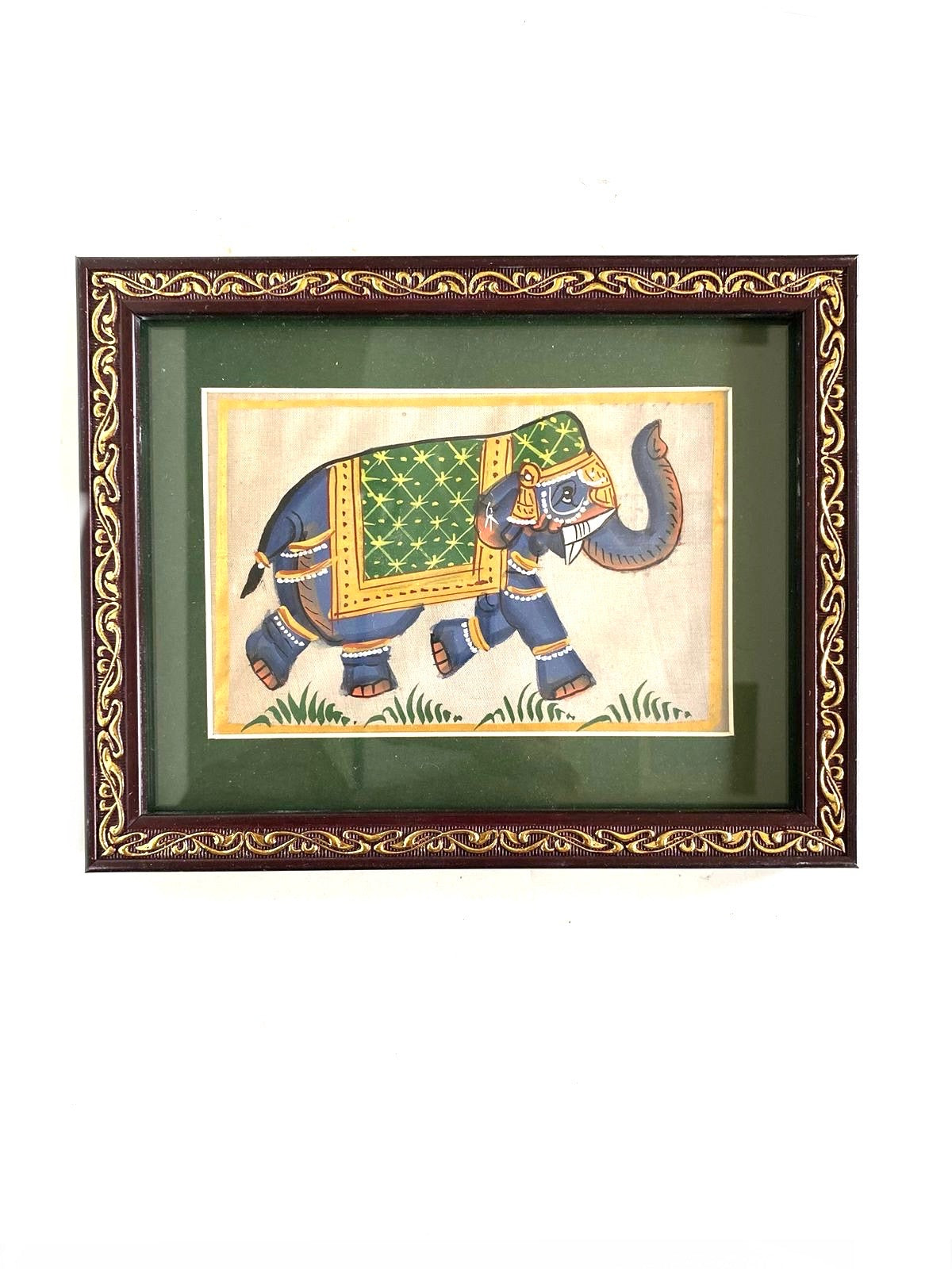 Hand Painted Elephants On Cloth Enclosed In Frame Hangings From Tamrapatra