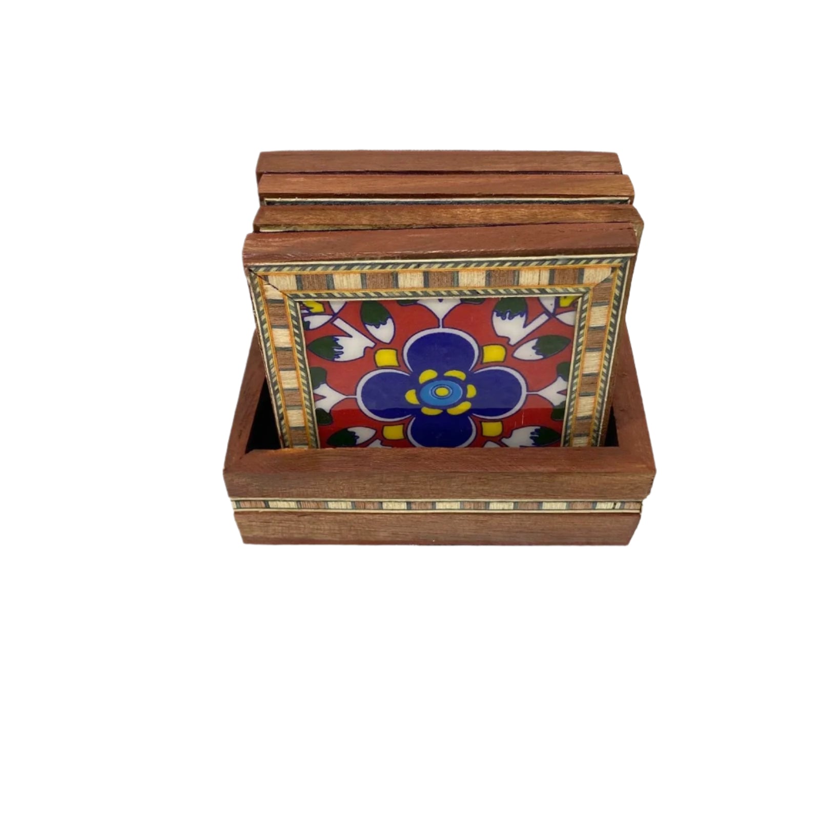 Wooden box with a colorful floral design on a white background