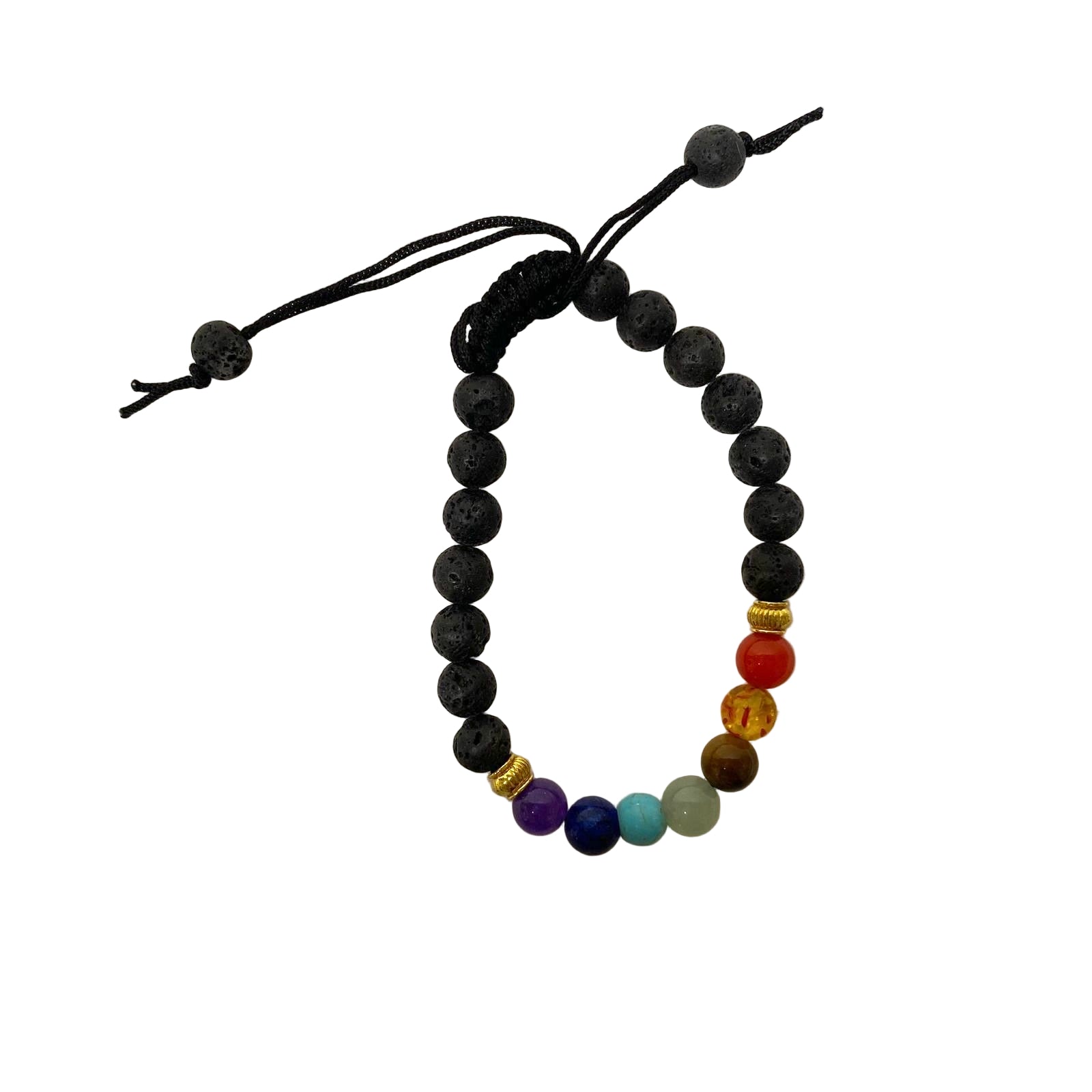 Black beaded bracelet with colorful beads on a white background