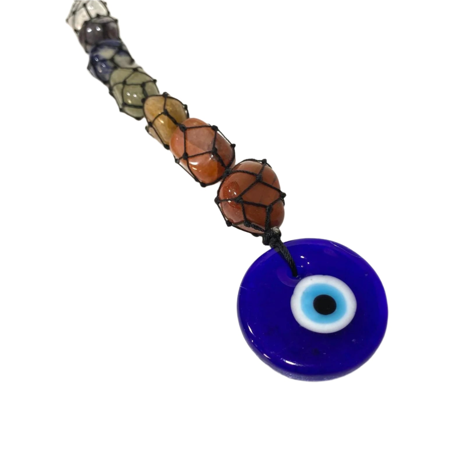 Necklace with a blue evil eye pendant on a white background