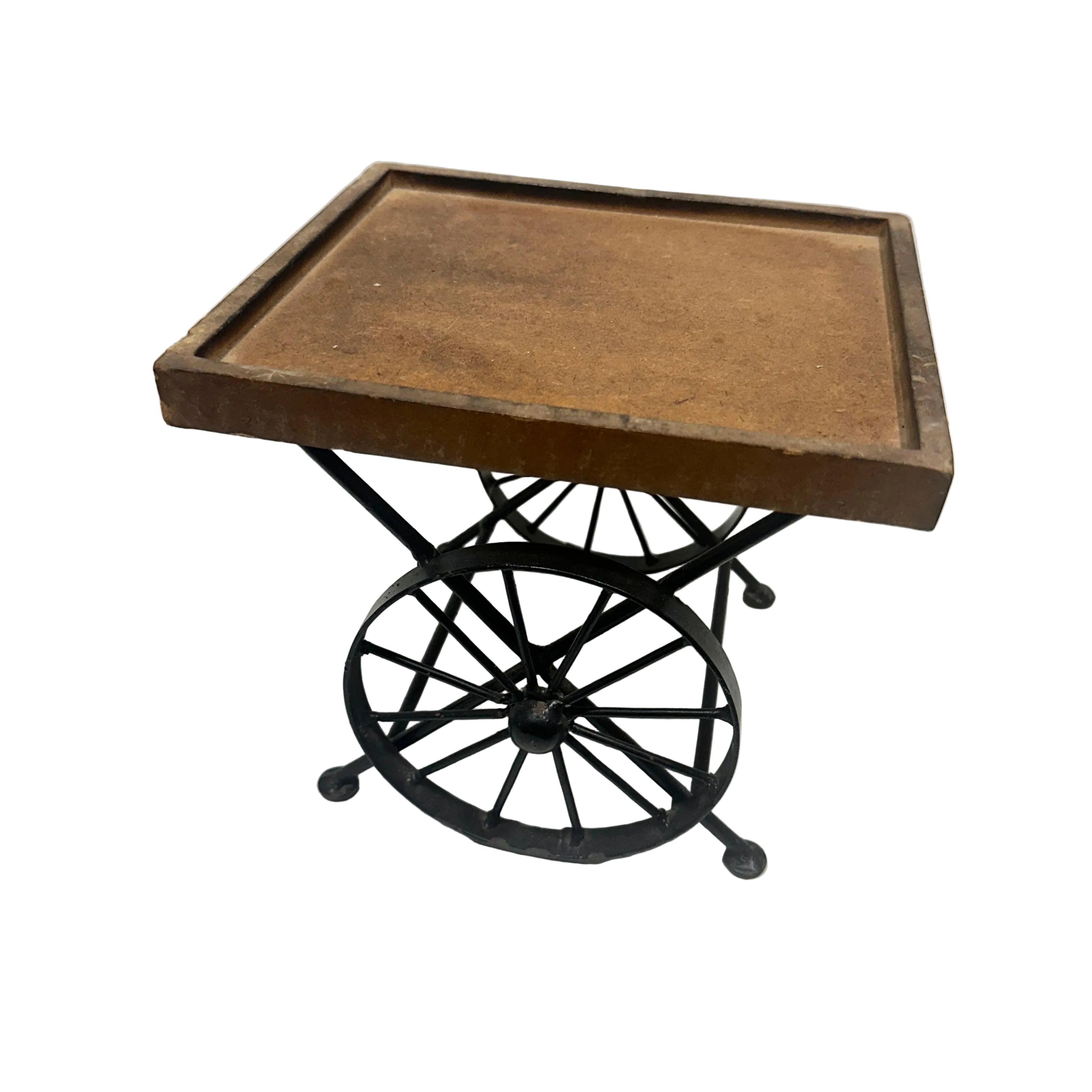 A vintage-style serving tray table with a rectangular brown wooden tray on a black metal wheeled stand, photographed against a plain off-white background.