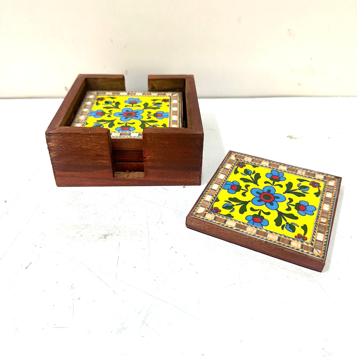 Blue Pottery Tile Fitted Tea Coaster Made With Wood Tableware Crafts By Tamrapatra - Tamrapatra