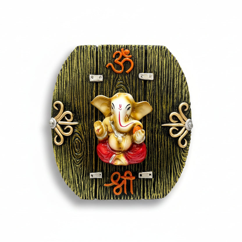 Decorative wall plaque with Ganesha figure and Om symbol on a wooden background