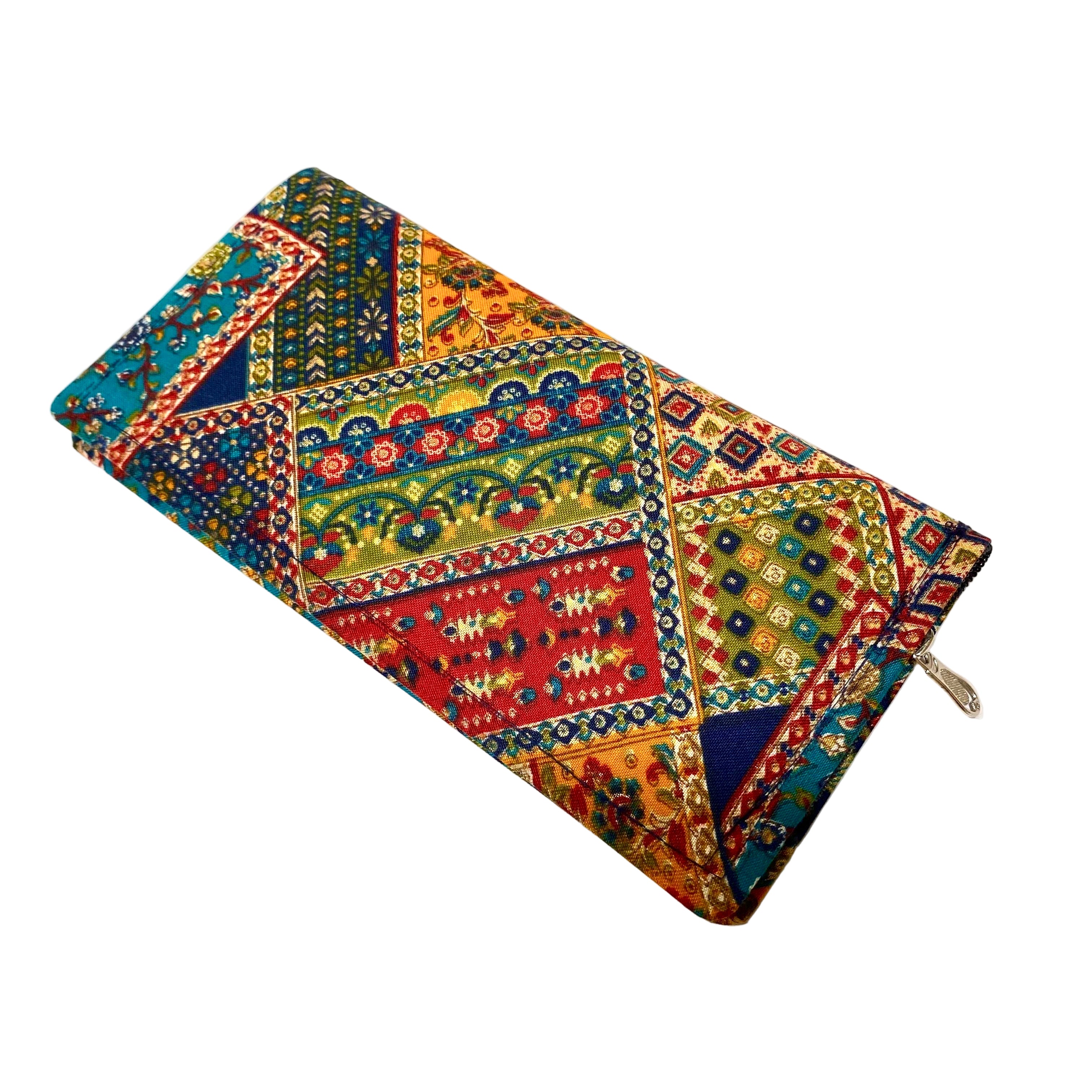 Colorful patterned pouch on a white background