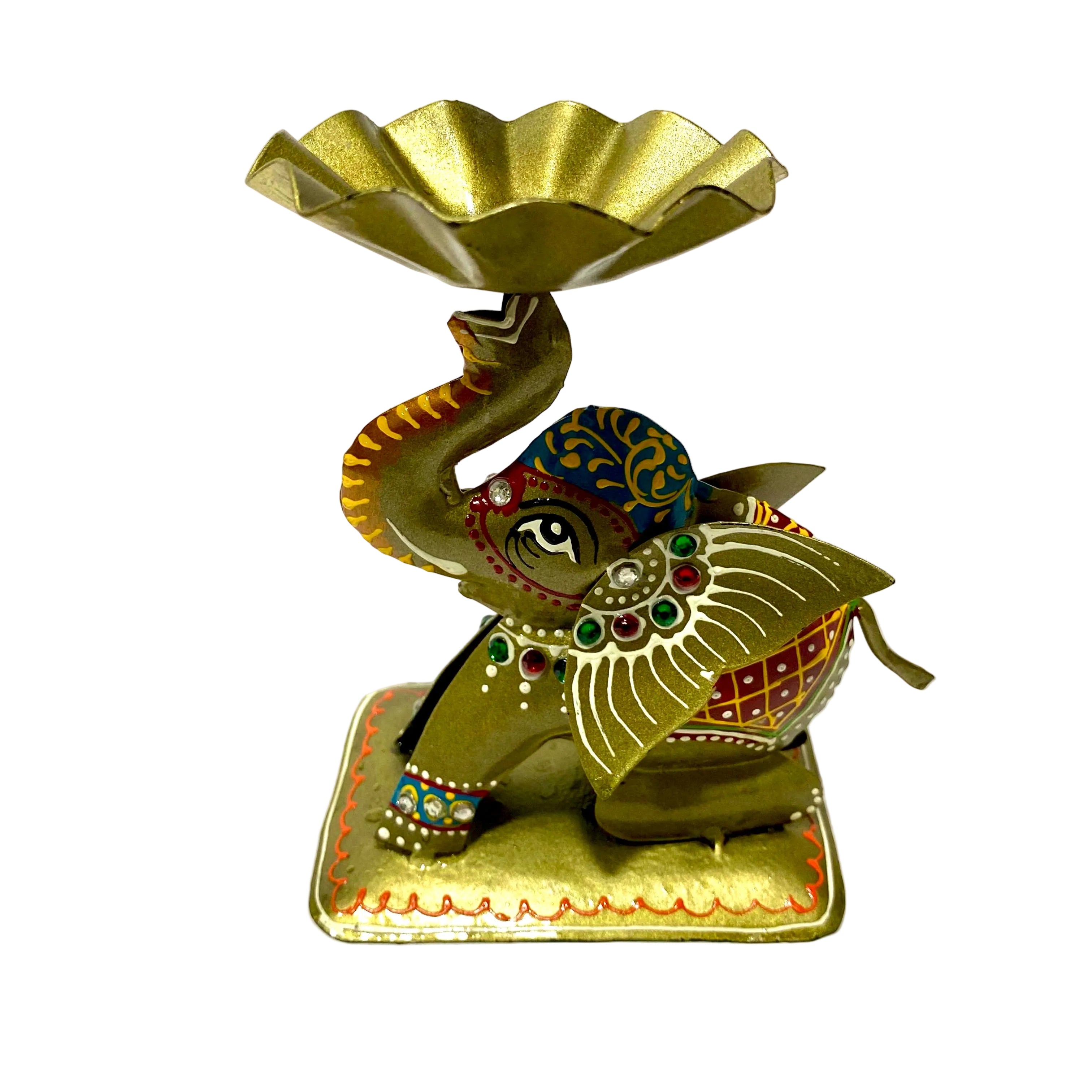 Decorative elephant with a decorative bowl on a white background