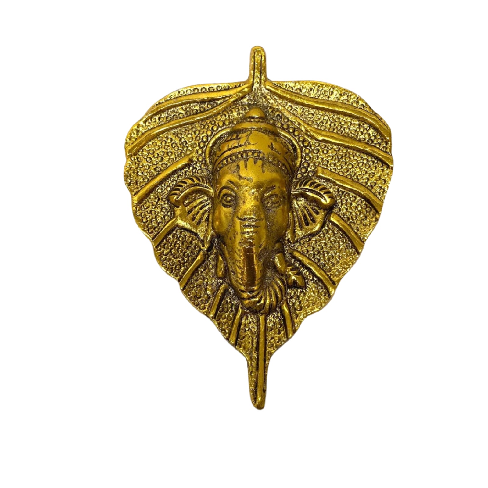 Gold elephant head pendant on a white textured background