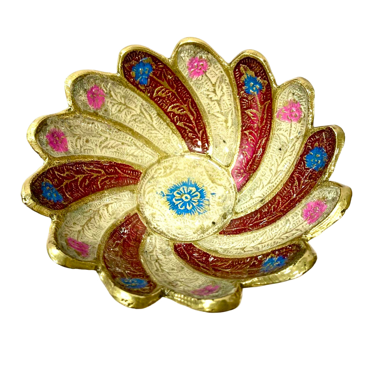 Decorative flower-shaped object with gold, red, and blue colors on a white background