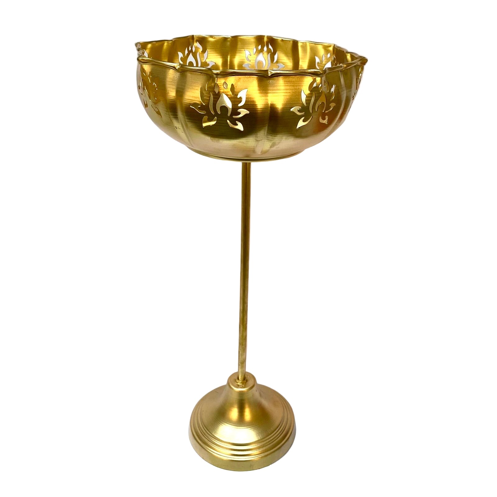 Gold decorative bowl on a stand with intricate designs against a white background